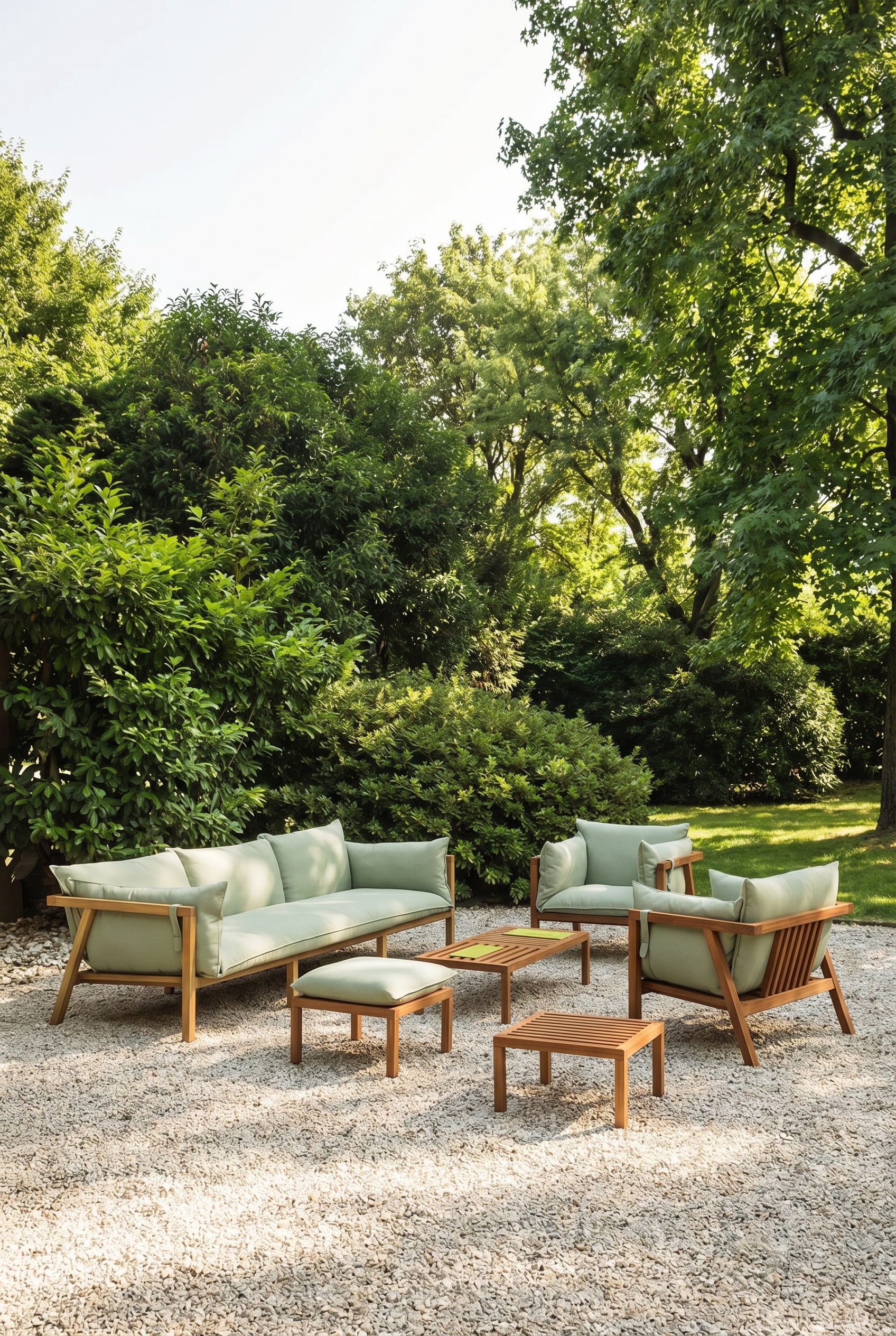 Moderne Outdoor Lounge aus Holz mit dicken, schnelltrocknenden Polstern auf einer sonnigen Terrasse Moderne Outdoor Lounge aus Holz mit dicken, schnelltrocknenden Polstern auf einer sonnigen Terrasse