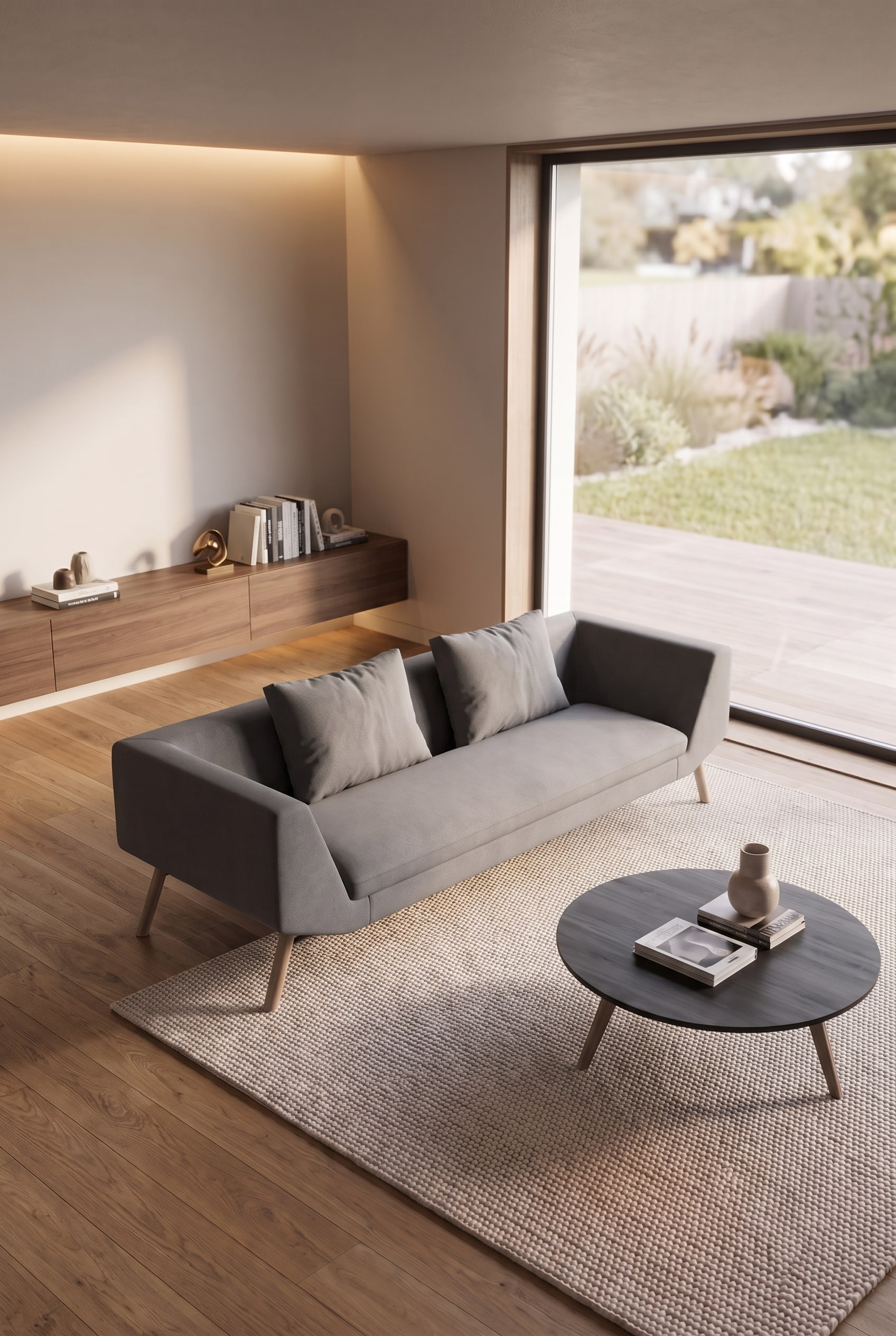 Uebersicht eines luftigen Wohnzimmers mit Sofa auf einem hellen Teppich und gegenueberliegendem Multimedia-Moebel auf Parkett.