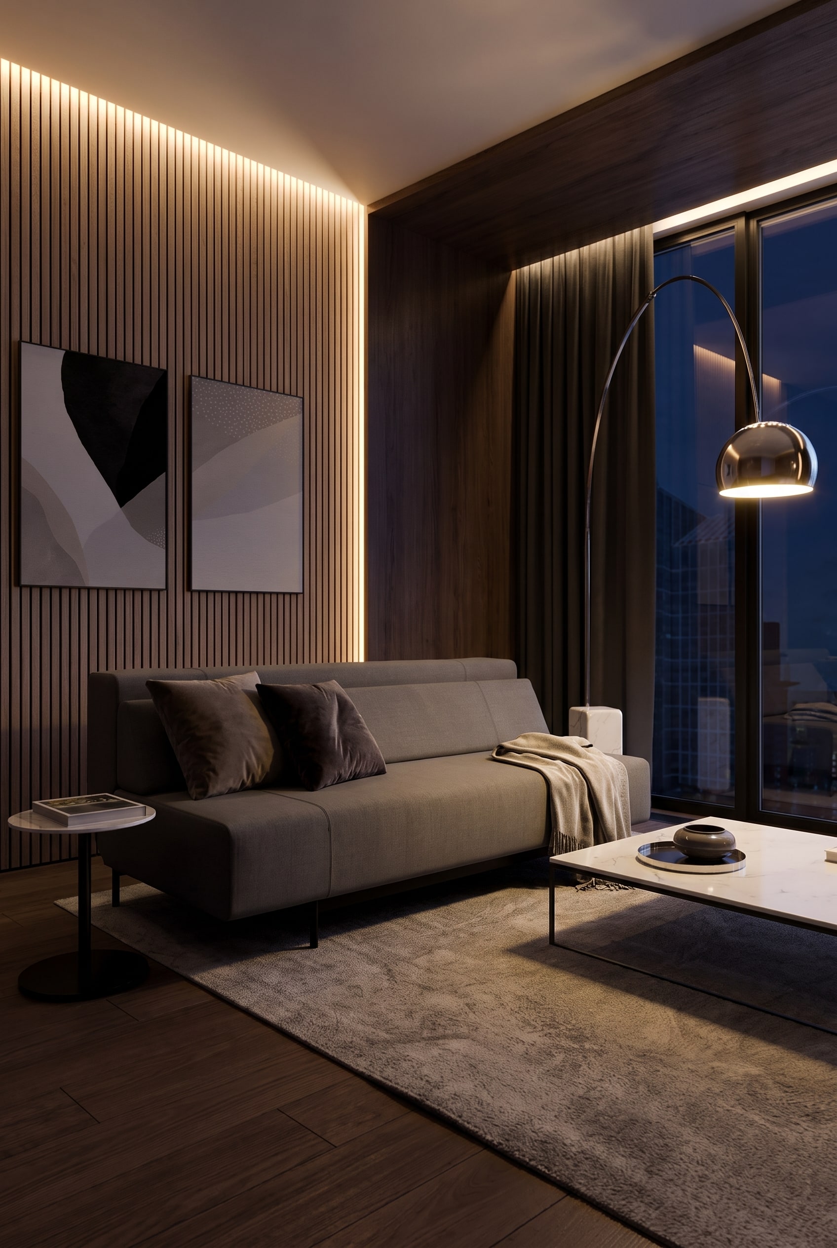 Elegant living room with a modern, unfolded sofa bed in subtle grey, ready for overnight guests