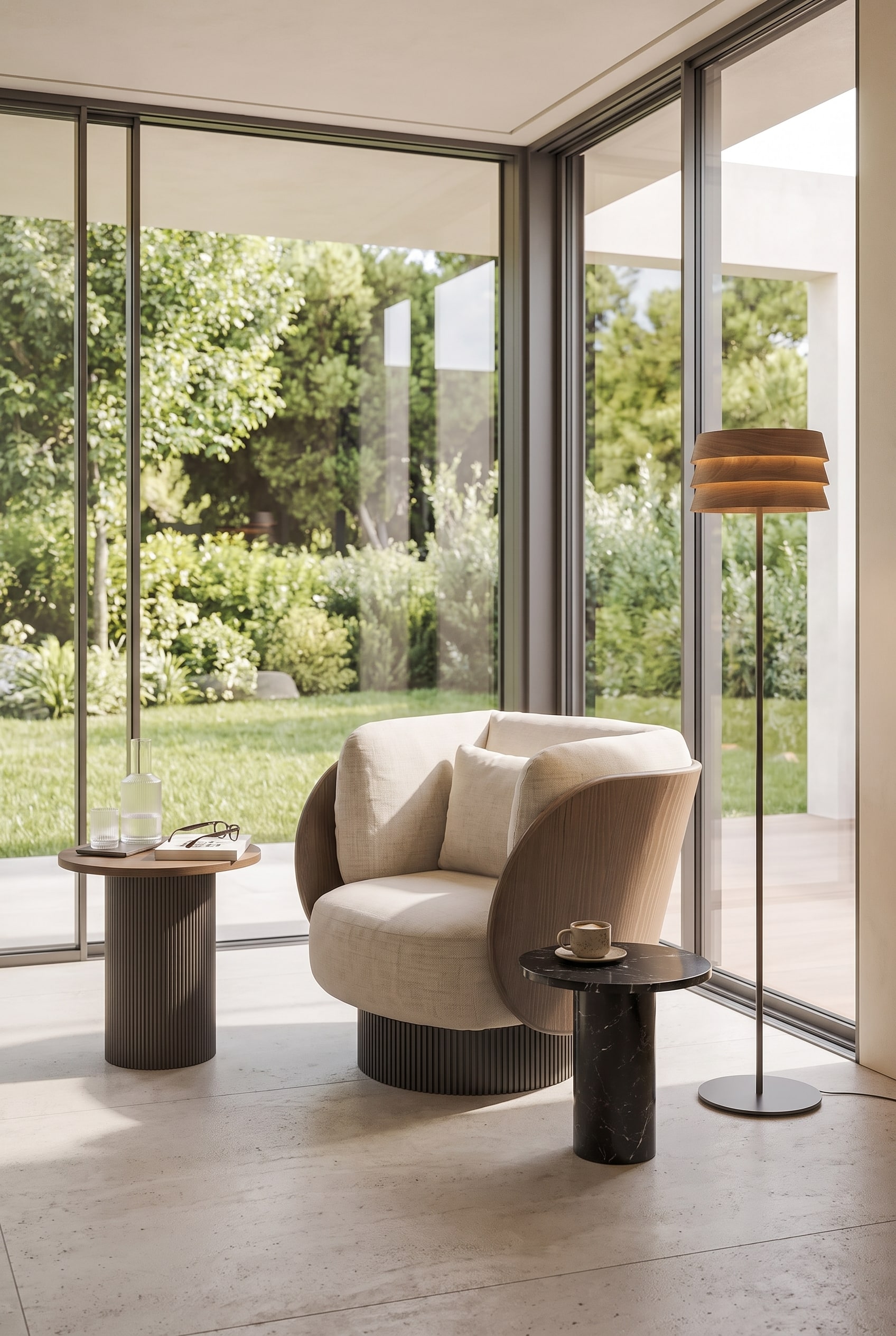 Helles Wohnzimmer mit elegantem Drehsessel in Stoff und Holz vor bodentiefen Fenstern