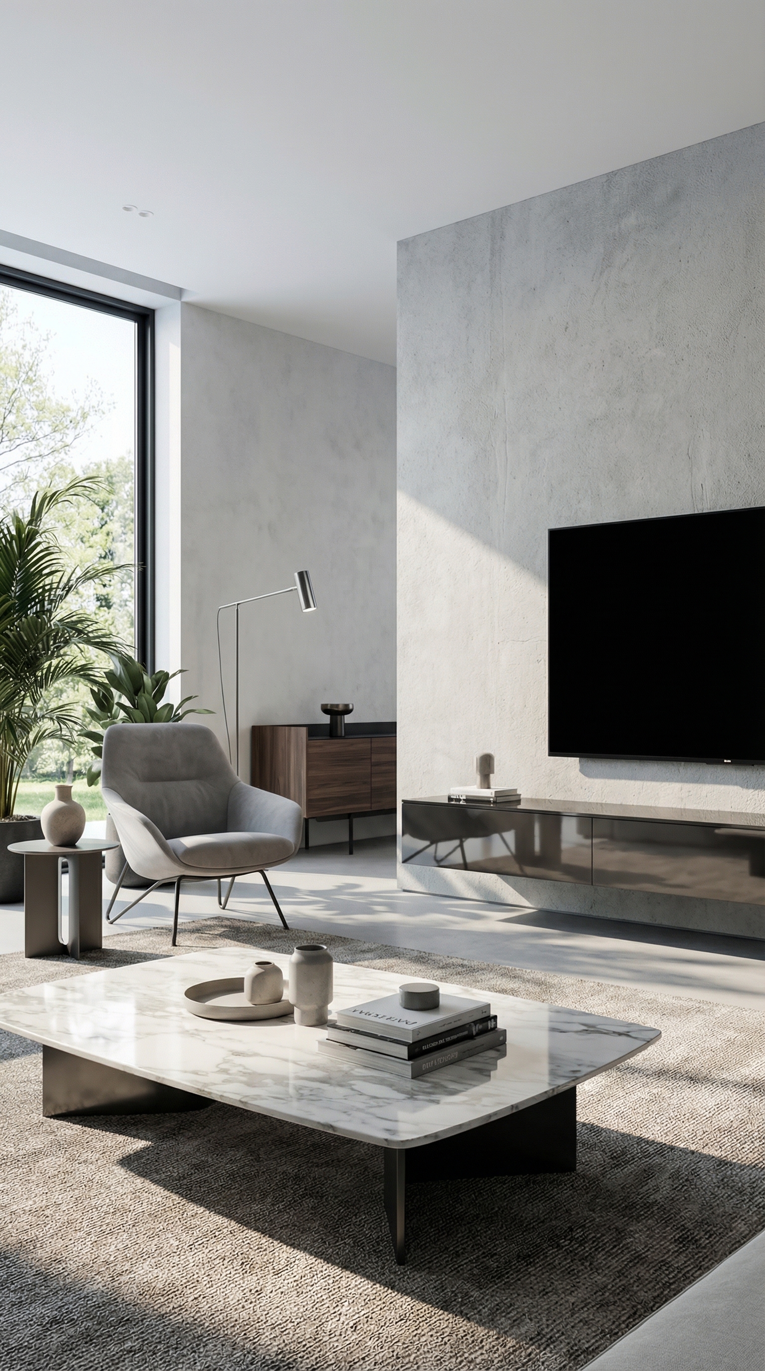 Schwarzes Hochglanz Lowboard h&auml;ngend in minimalistischem Wohnzimmer mit heller Betonwand