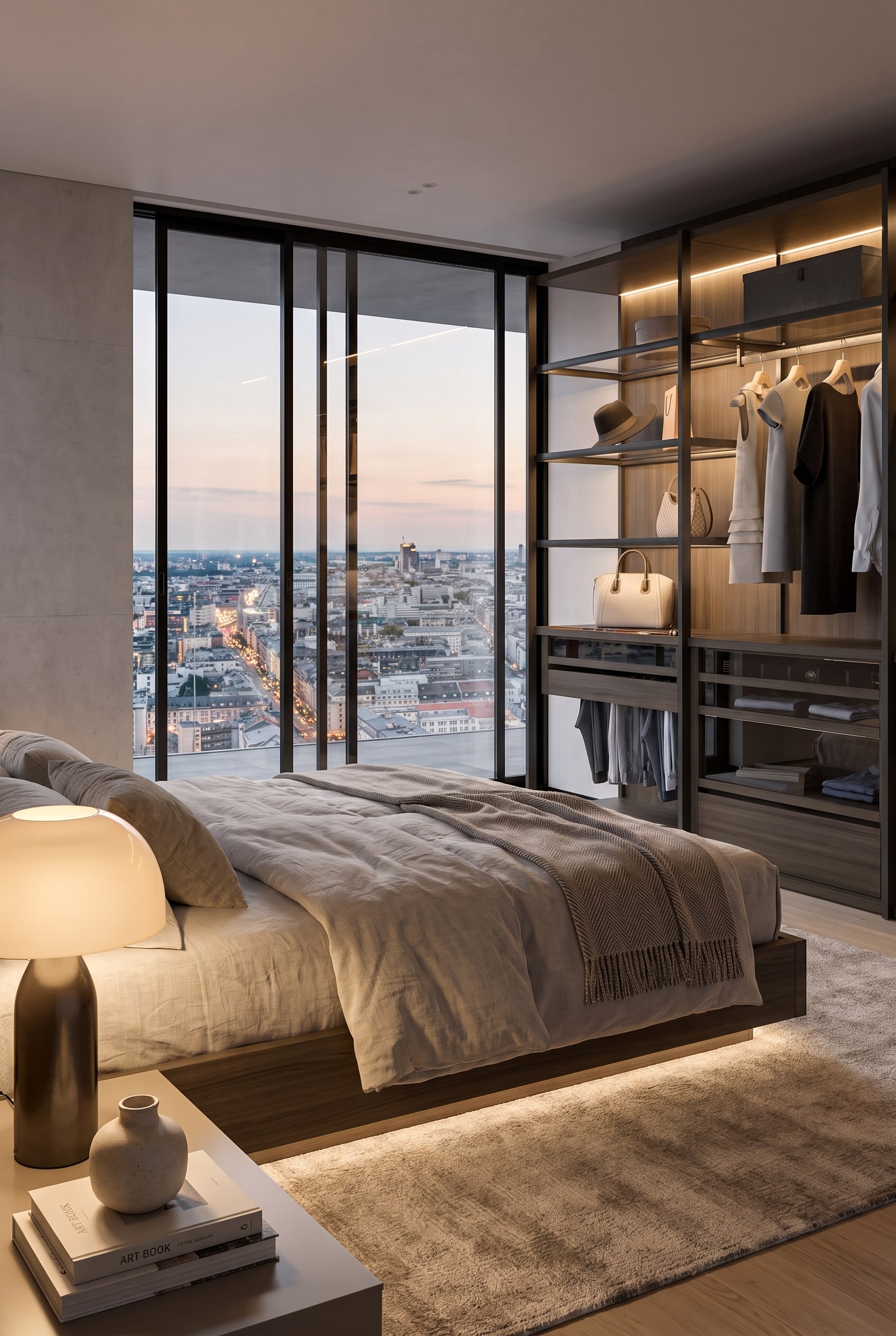View over a modern bed to a side-standing dressing system with evening lighting and a city panorama in the background.