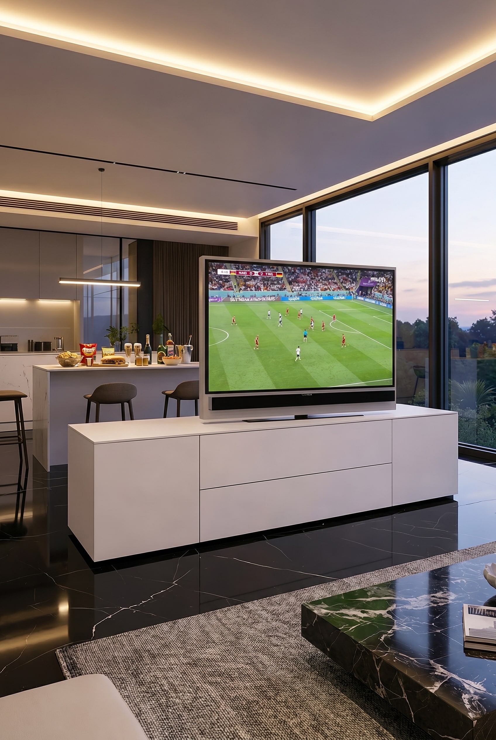Freestanding room divider with a swivel TV panel, on which a television is mounted, in the background an open kitchen with bar stools
