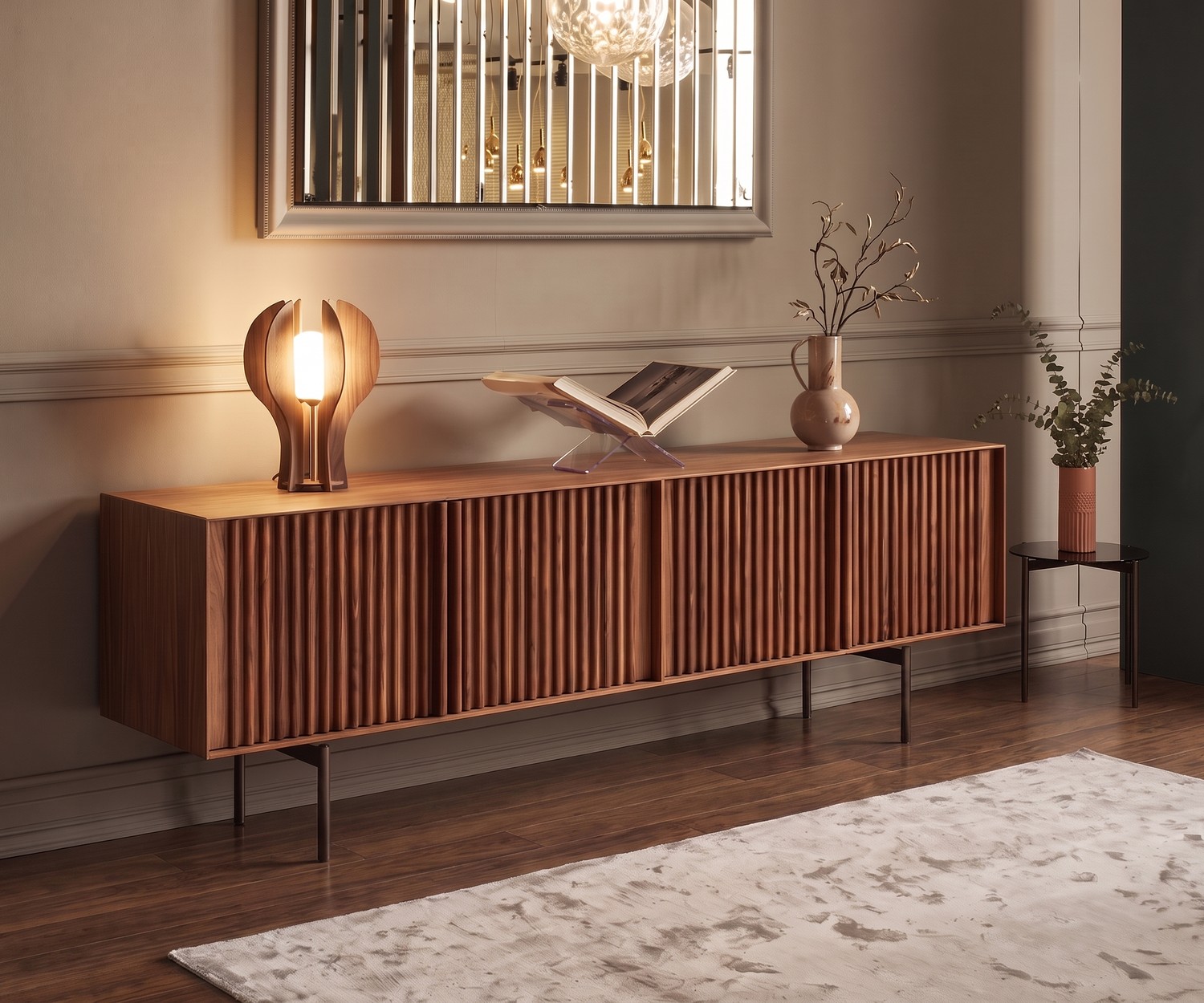 Exklusives Wohnzimmer Design Sideboard auf Füßen in Walnuss mit Lamellentüren Exklusives Wohnzimmer Design Sideboard auf Füßen in Walnuss mit Lamellentüren