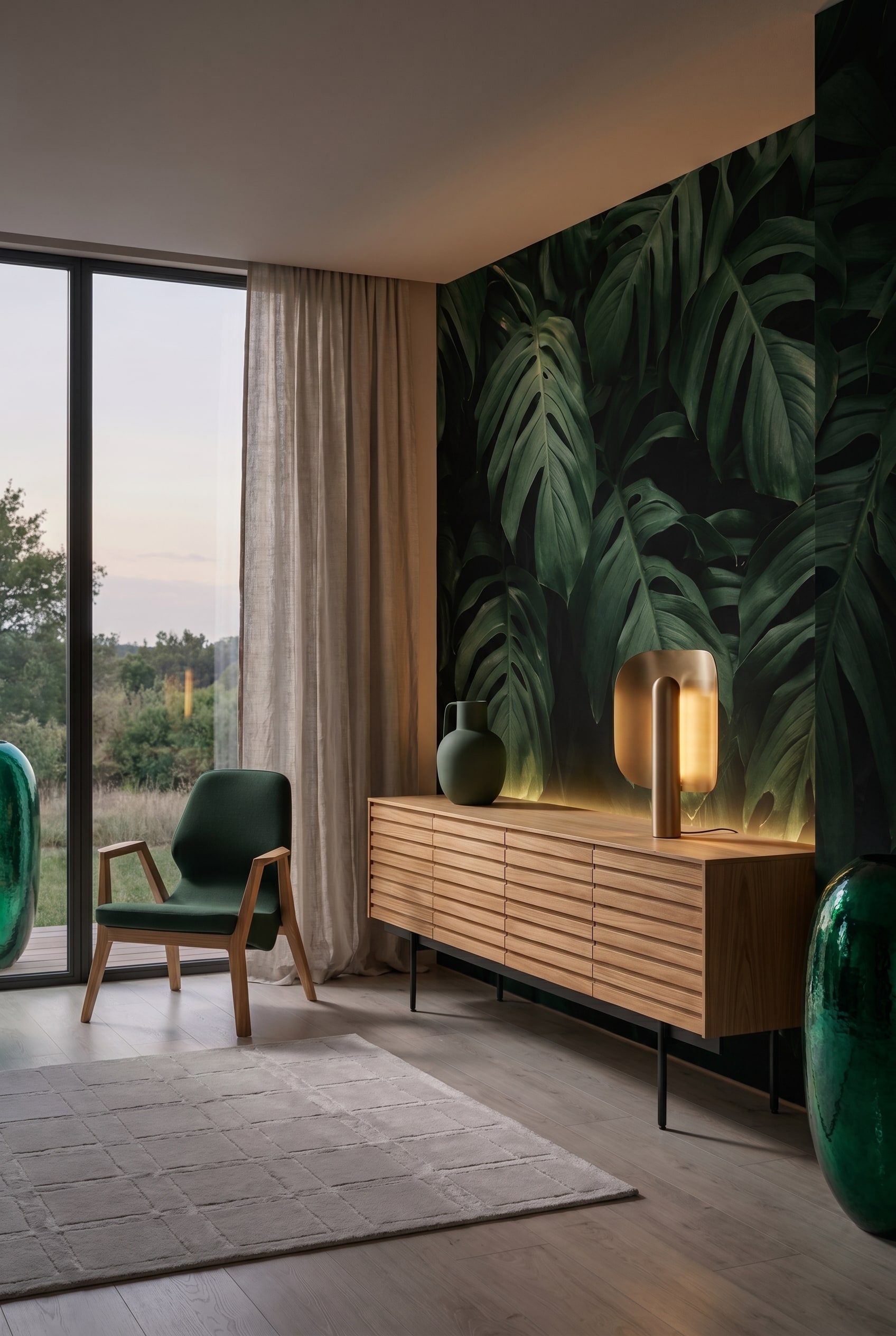 Luxuri&ouml;ses Wohnzimmer im Halbschatten mit geriffeltem Holz-Sideboard, einer matten dunkelgr&uuml;nen Keramikvase und indirekter warmer Beleuchtung