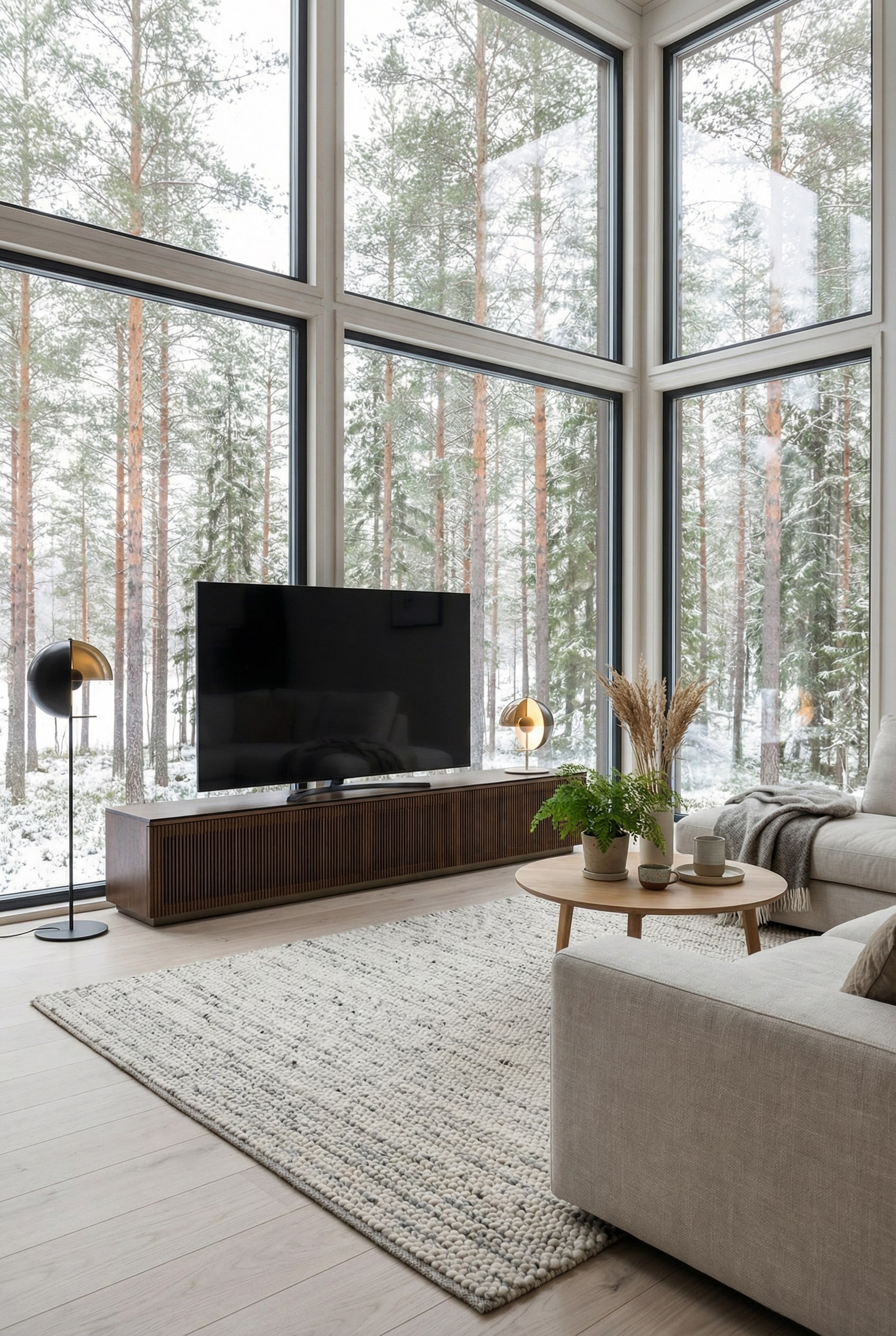 Skandinavisches TV Lowboard aus hellem Holz mit Lamellen-Schiebetüren Skandinavisches TV Lowboard aus hellem Holz mit Lamellen-Schiebetüren