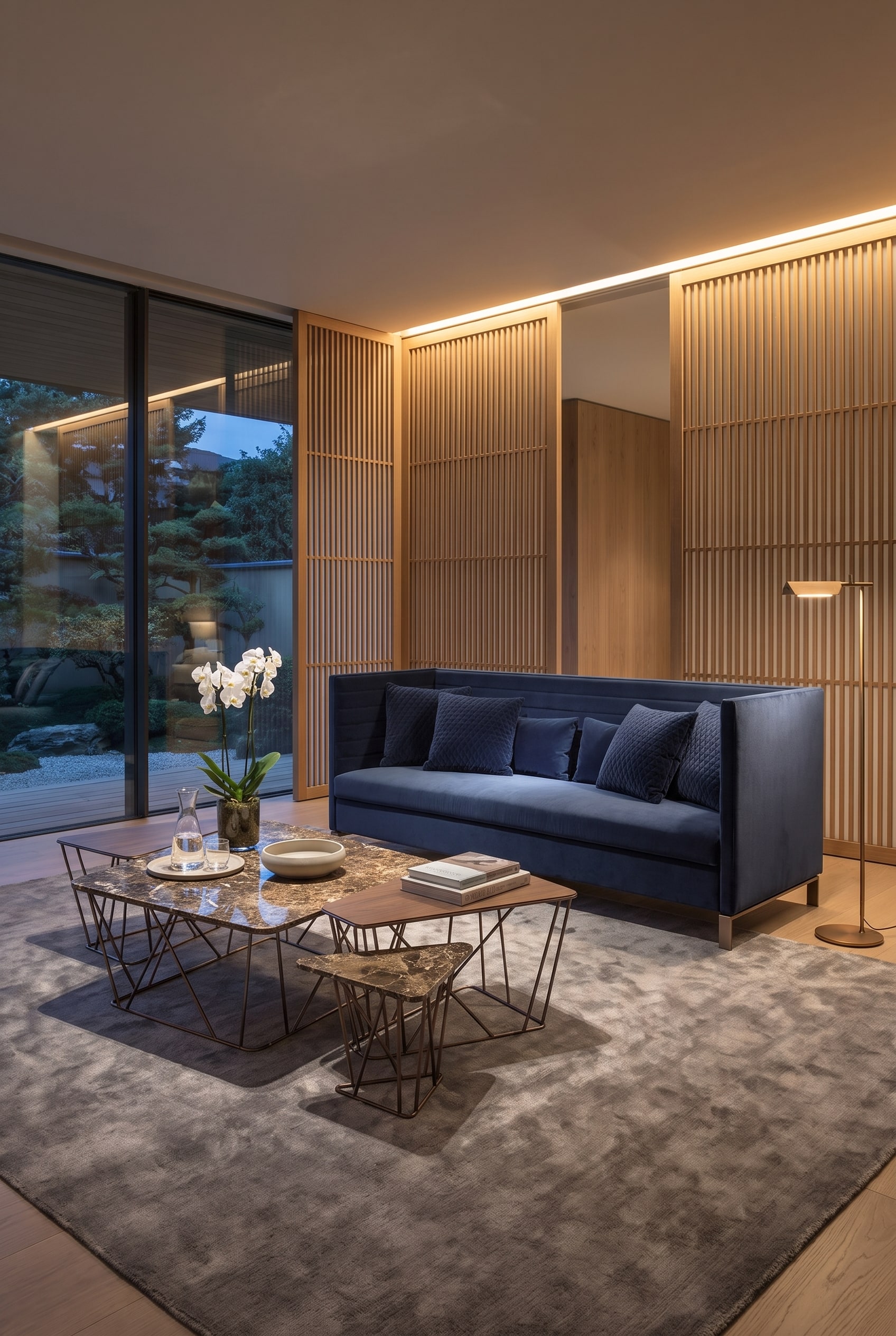 Large living room with a dark blue sofa with distinctive vertical quilting, surrounded by wood elements