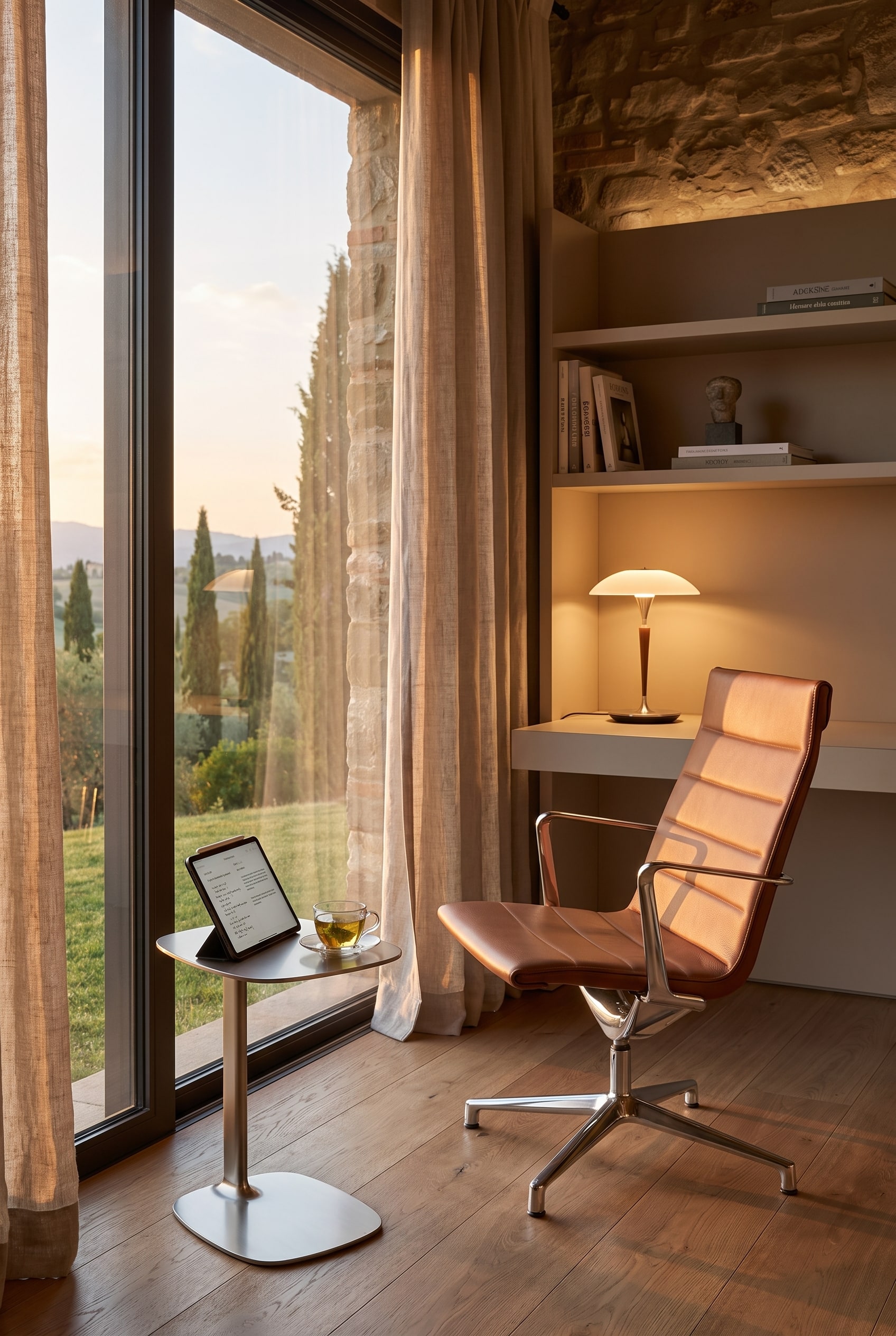 Lounge-B&uuml;rosessel aus braunem Leder mit verchromtem Aluminiumfu&szlig;, ideal f&uuml;r eine entspannte Arbeitshaltung