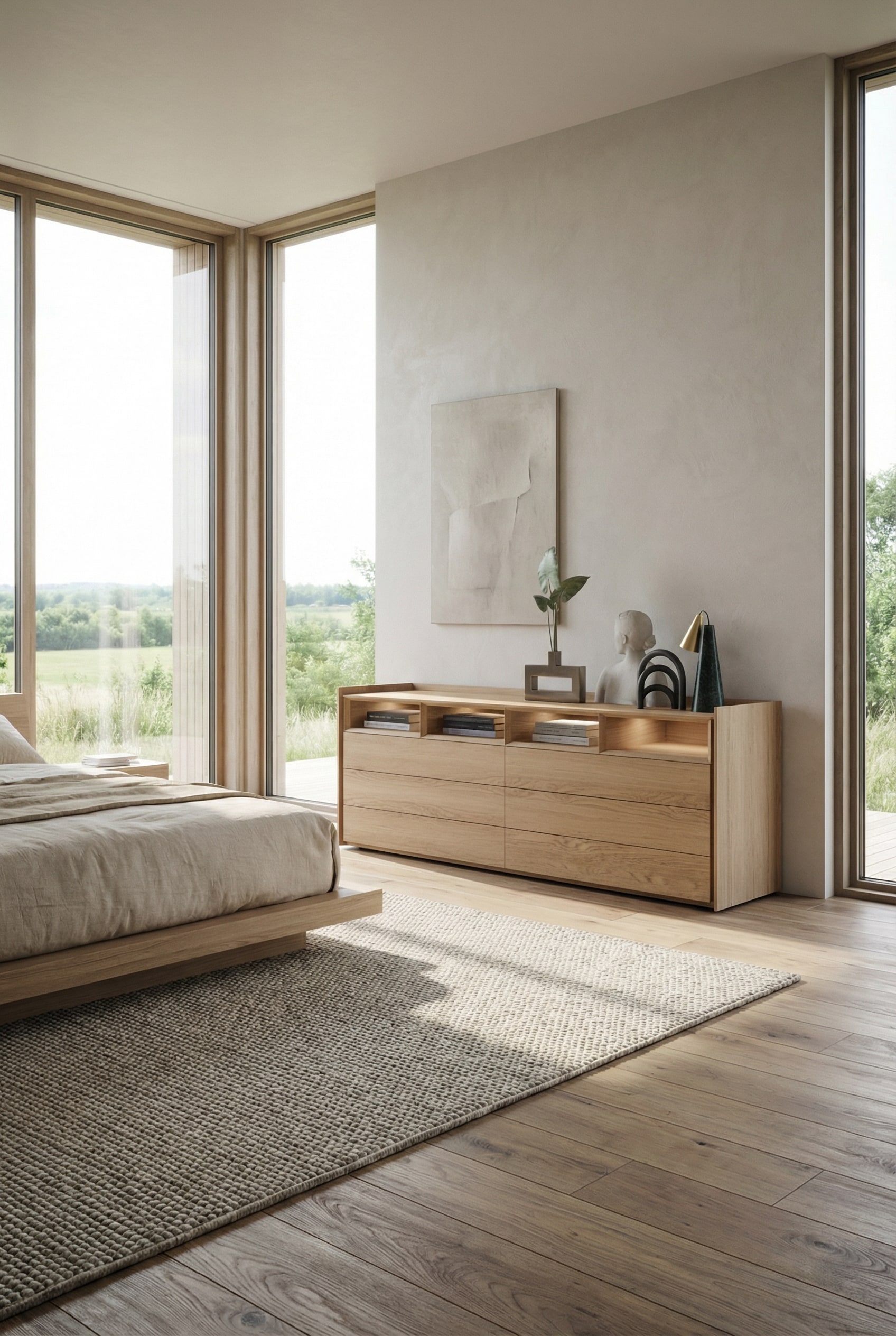 Grifflose Novamobili Kommode Sly in einem ruhigen, aufgeräumten Schlafzimmer. Grifflose Novamobili Kommode Sly in einem ruhigen, aufgeräumten Schlafzimmer.