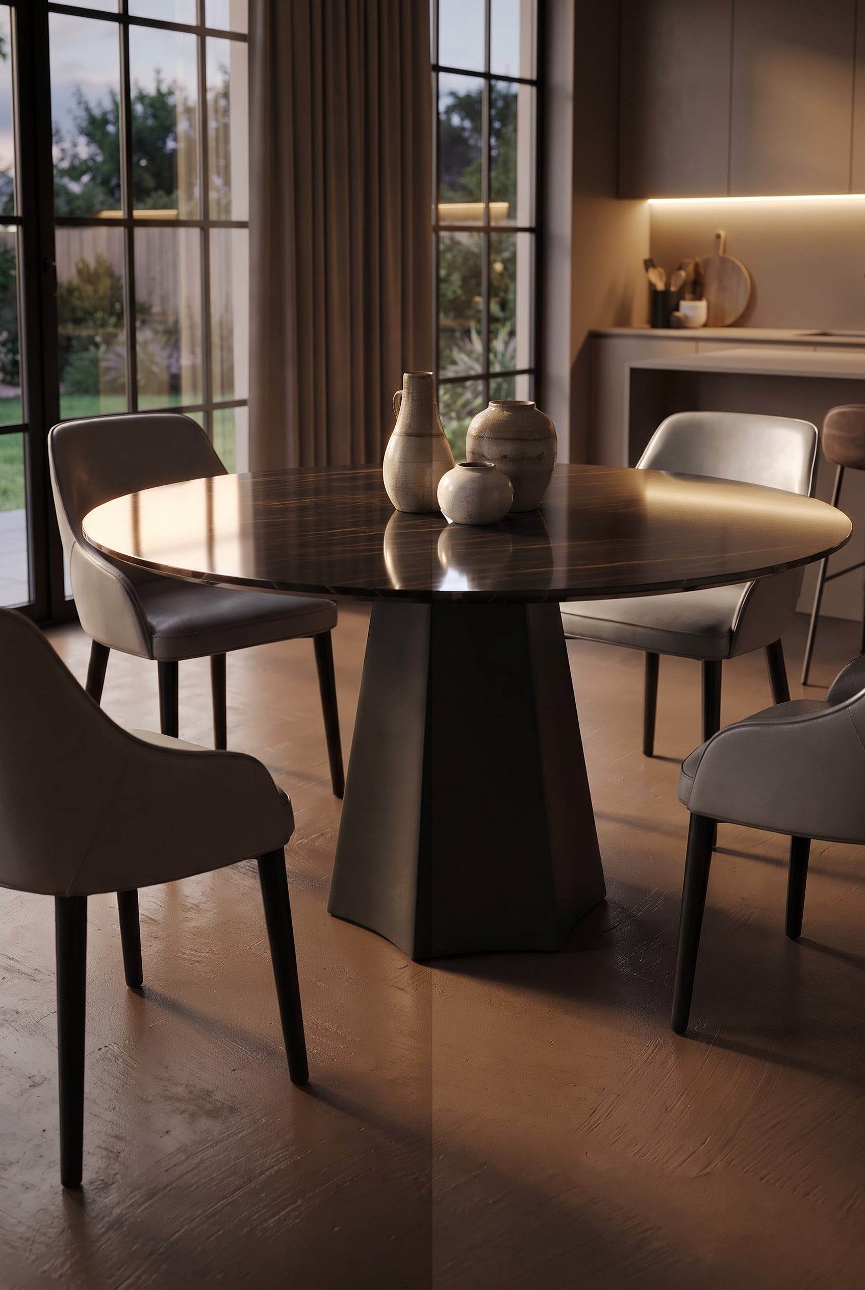 The material combination of high-gloss ceramic and brown lacquered metal on the Poliedro dining table.