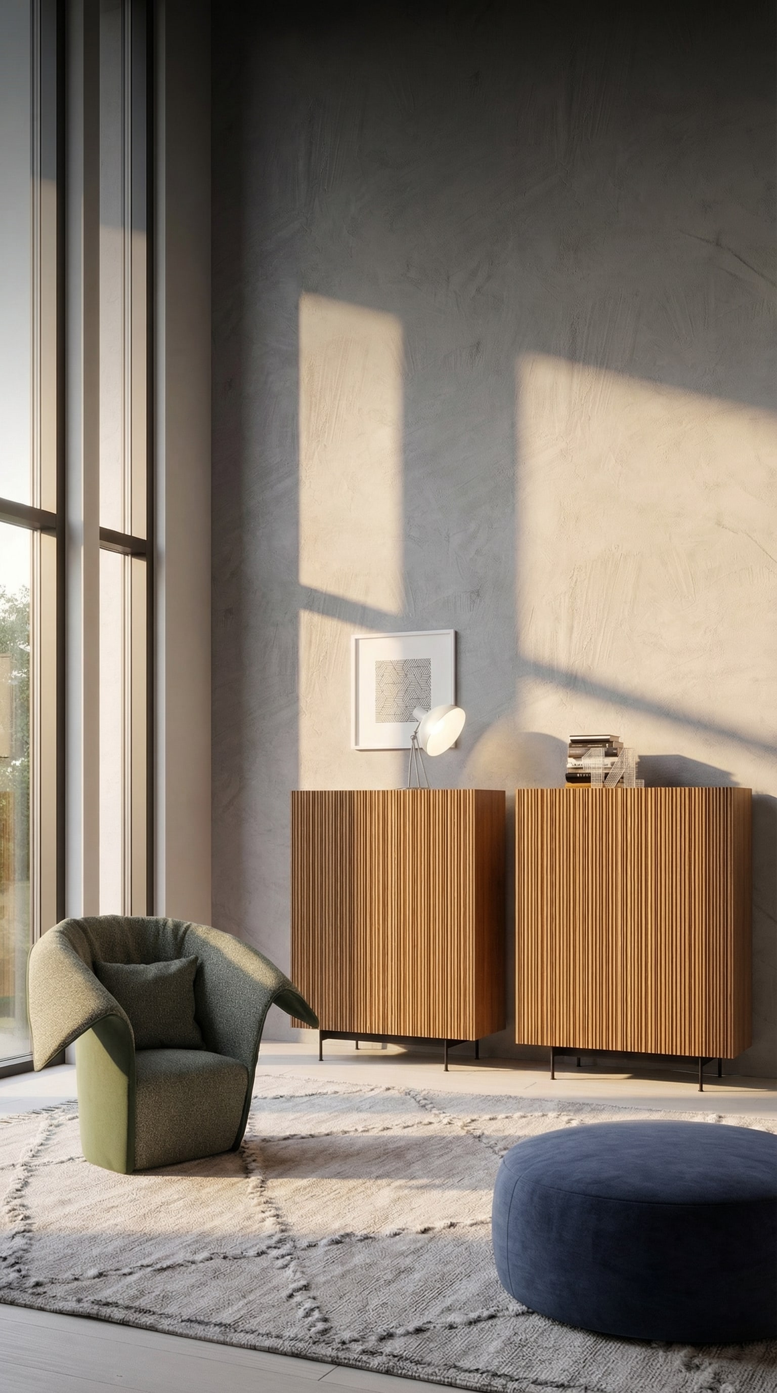 Novamobili Sideboard / Highboard Bay in einem eleganten, lichtdurchfluteten Wohnraum mit stilvoller Kunst.