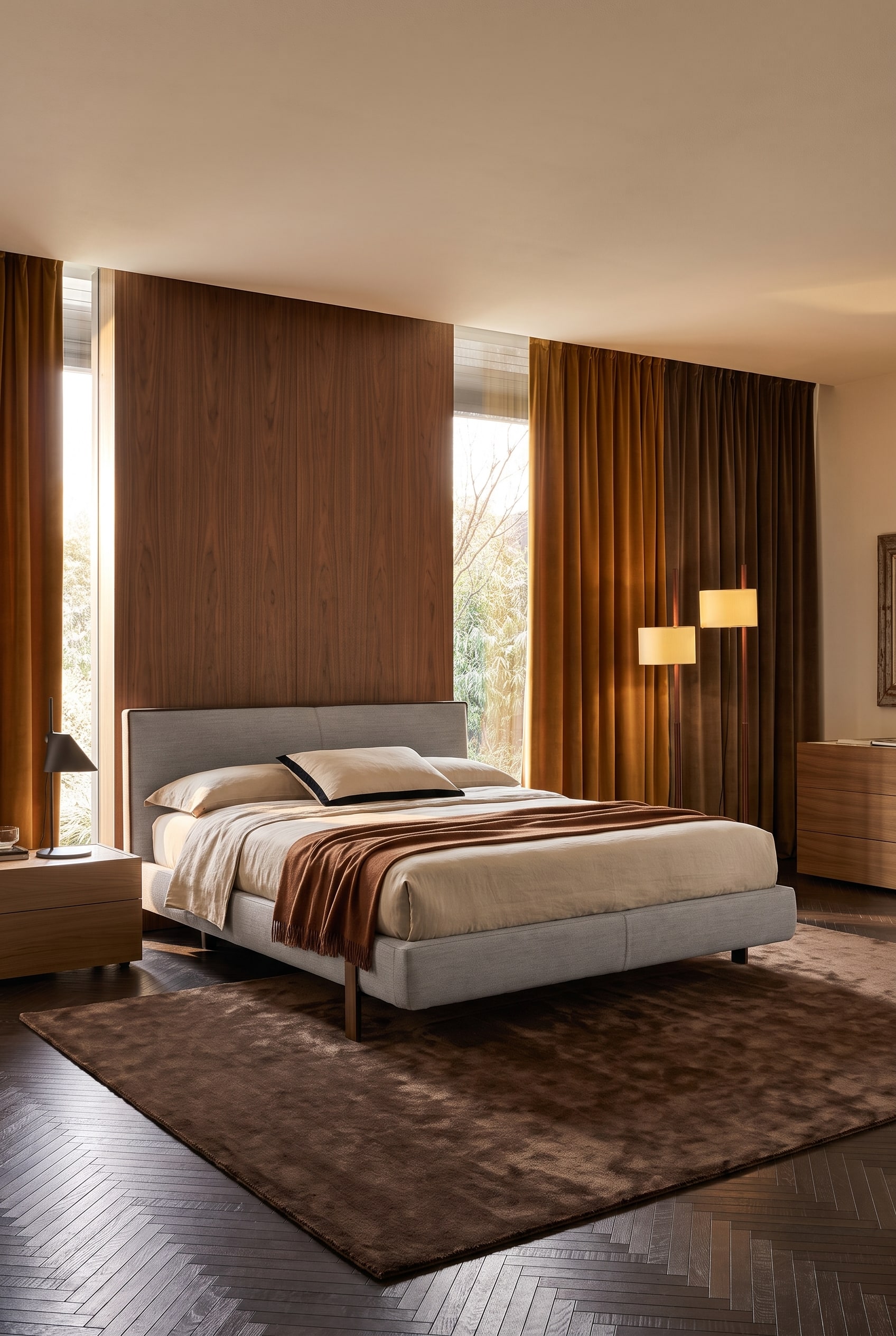 Elegant upholstered bed with a slightly inclined headboard in khaki fabric in a bright, warm bedroom