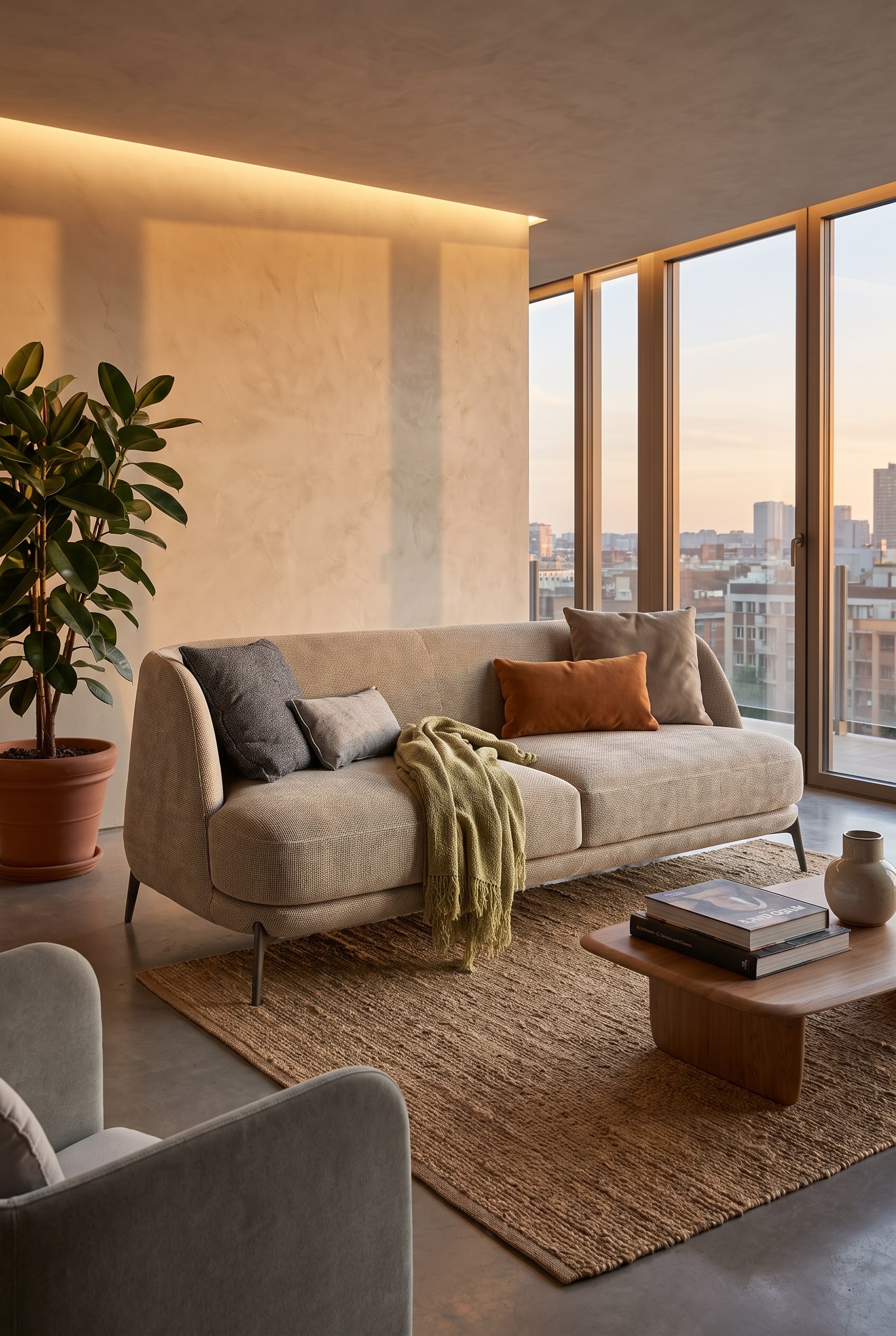 Modern living room with a curved fabric sofa in light beige, two square decorative cushions, and a narrow lumbar cushion