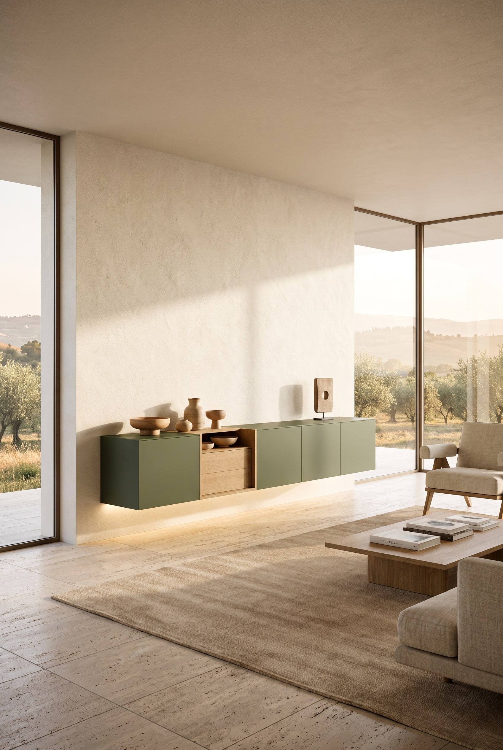 Modernes Wohnzimmer mit einem schwebenden Wand-Sideboard in Olivgrün mit Holzelementen und einer bauchigen Keramikschale