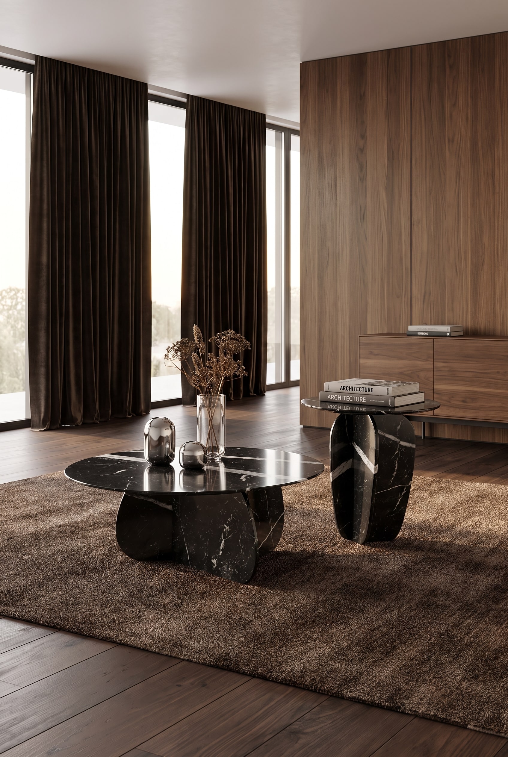 Solid coffee table made of dark marble with strong veining in the centre of a minimalist Retro-Luxe living room