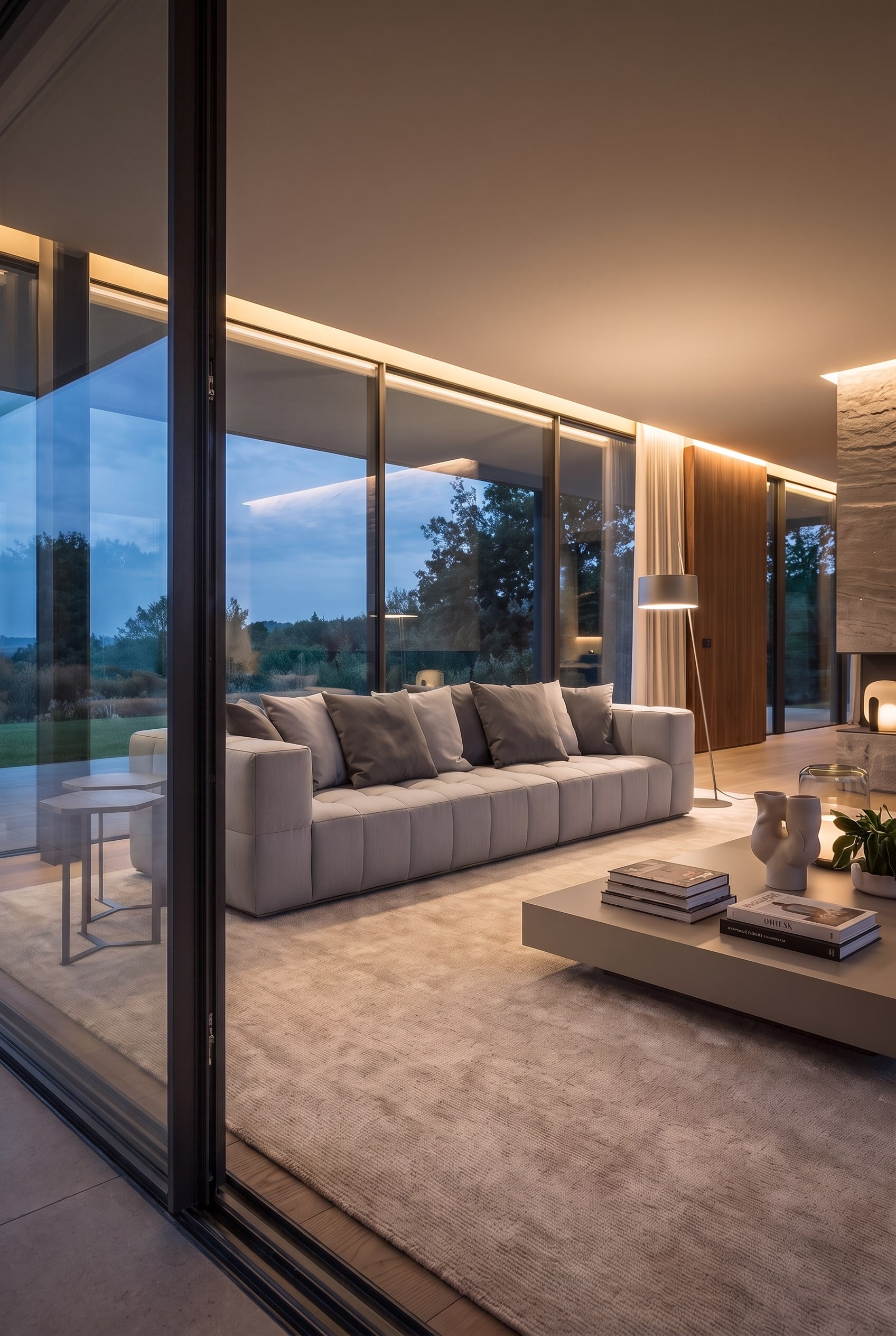 Modernes italienisches Wohnzimmer mit indirekter Beleuchtung. Ein &uuml;bergro&szlig;er heller Teppich fasst das graue Modulsofa harmonisch zusammen.