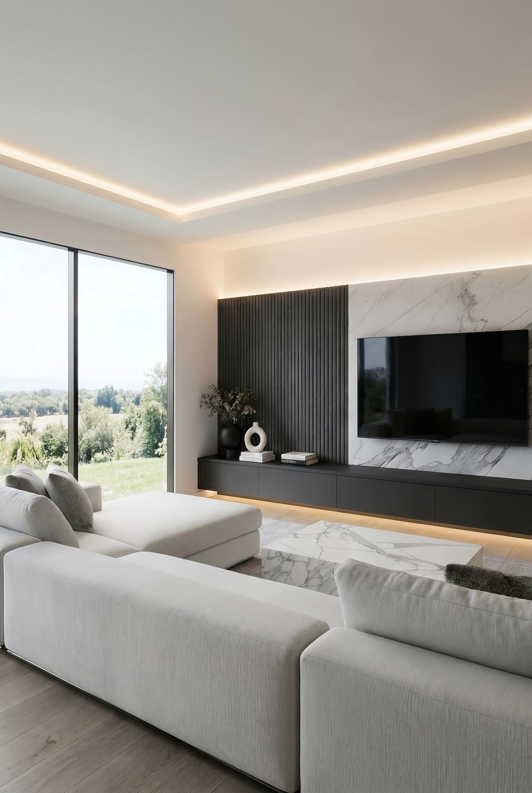 Spacious living room with a long anthracite wall unit, marble back panel, and dark ribbed structure