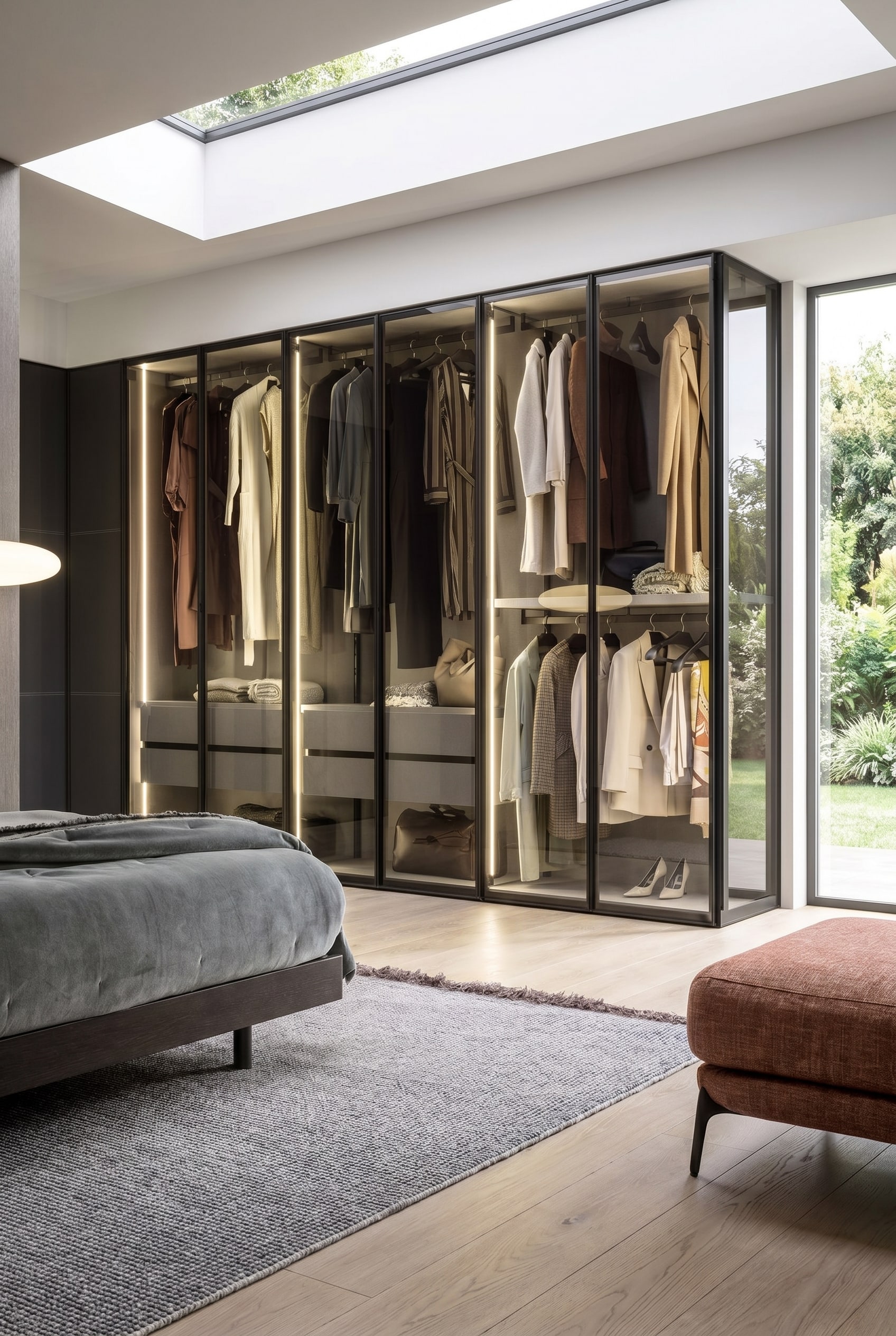 Eleganter Kleiderschrank mit Rauchglast&uuml;ren, schwarzen Metallprofilen und warmer 3000 Kelvin Innenbeleuchtung im modern eingerichteten Schlafzimmer