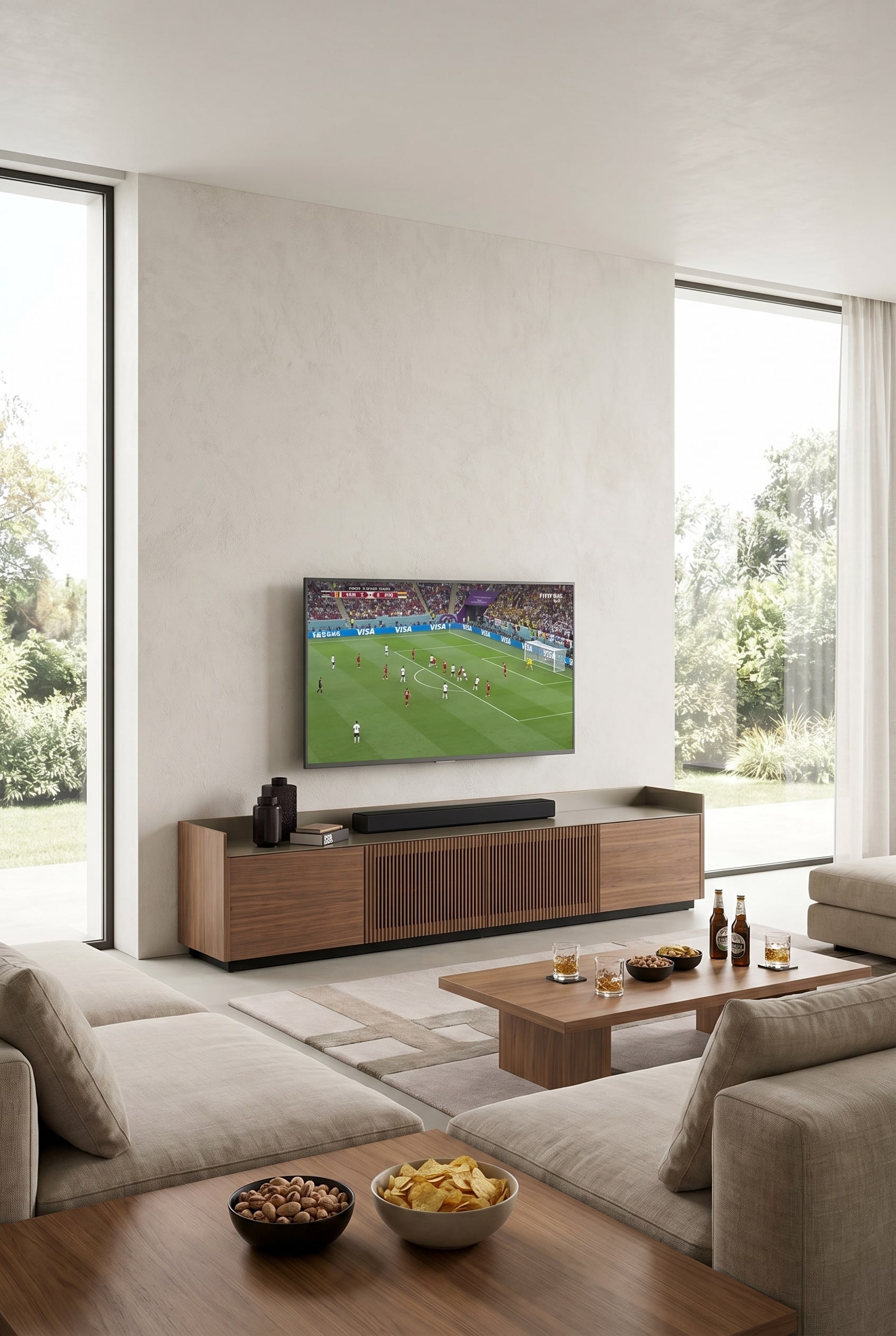 Modern living room with a walnut wood lowboard with an aluminum top plate, a flat-screen TV on top, and a slim black soundbar