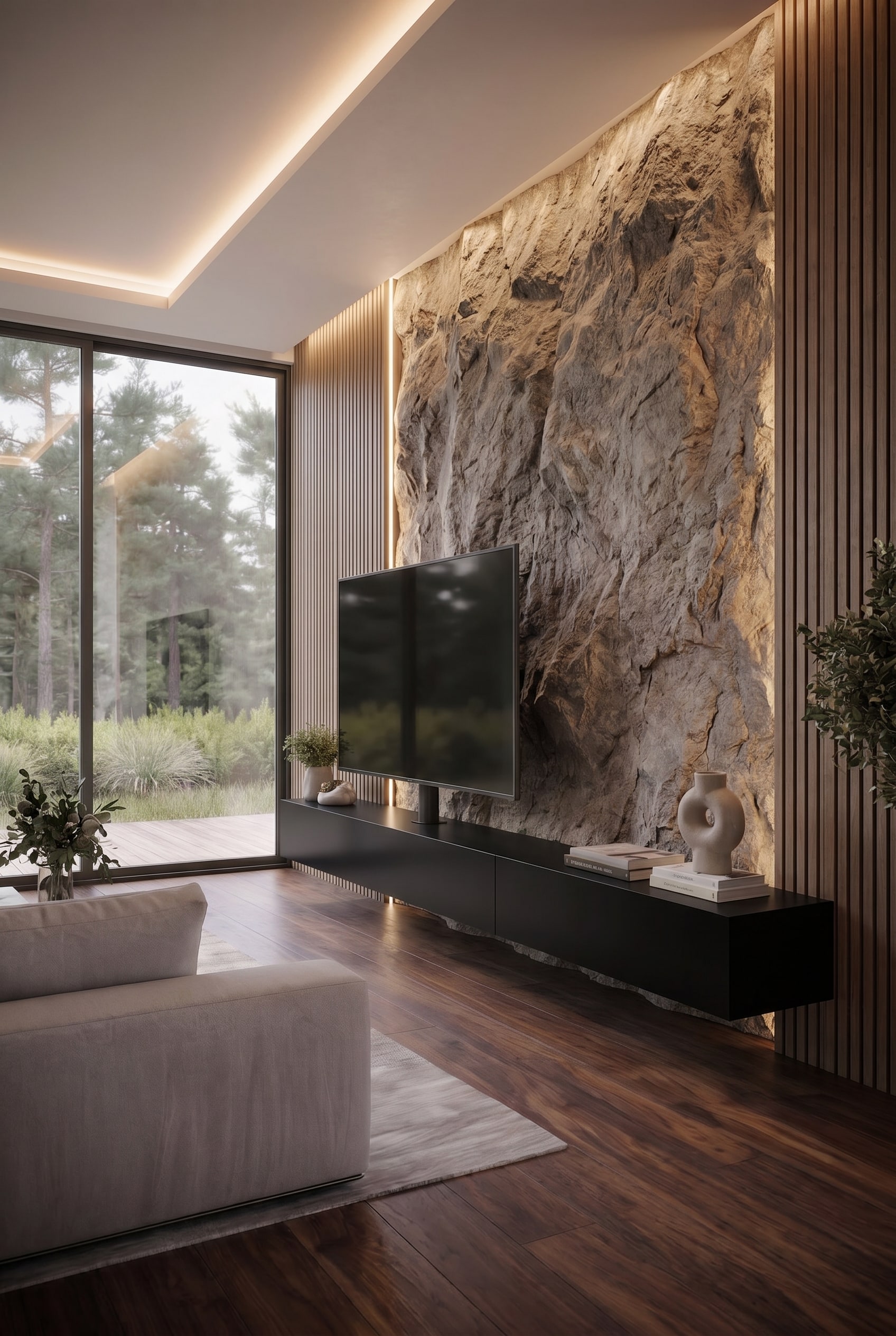 Livitalia Vesa Lowboard in der Frontalansicht mit 65 Zoll Fernseher