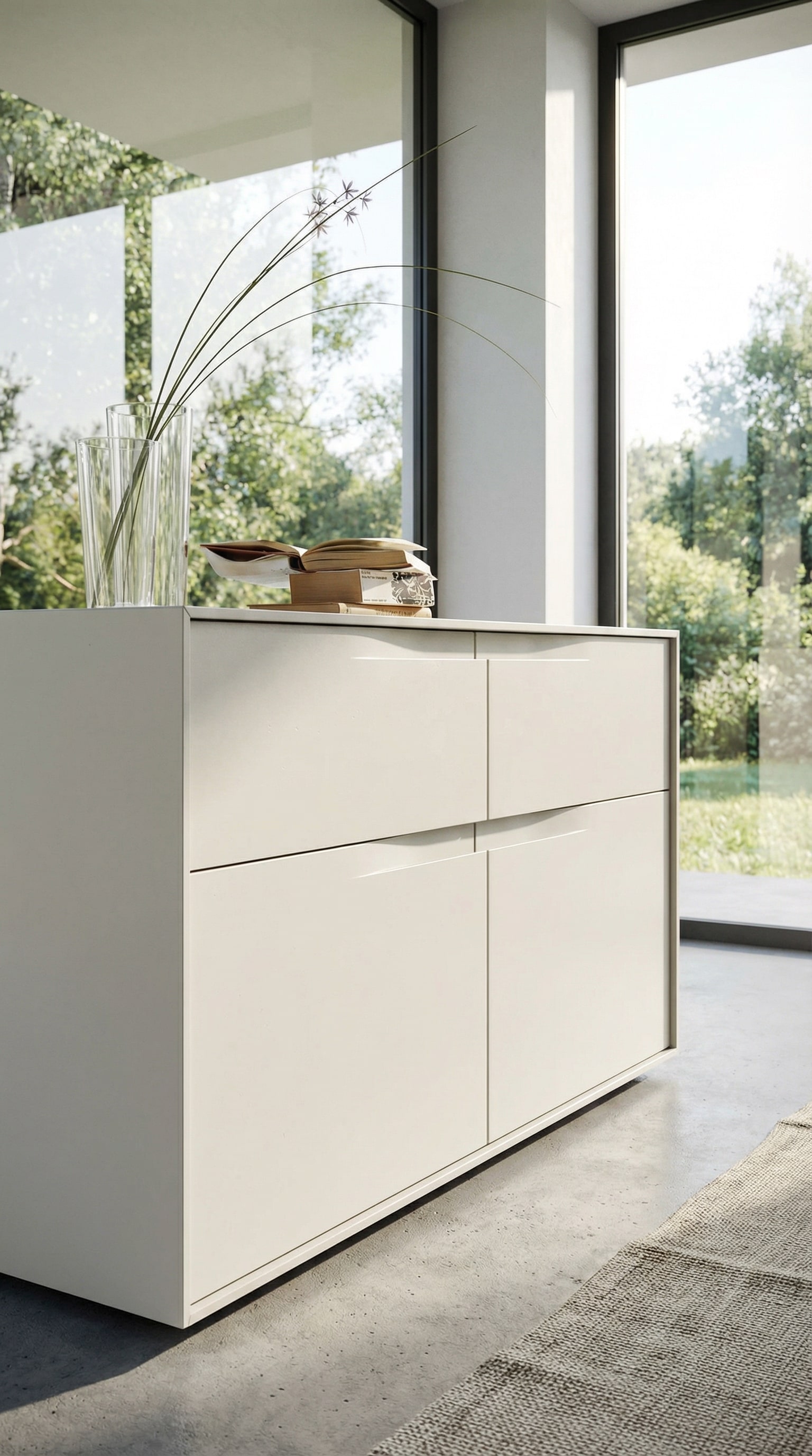 Matte Designer-Kommode mit eleganten, grifflosen Fronten in einem stilvoll eingerichteten Raum. Matte Designer-Kommode mit eleganten, grifflosen Fronten in einem stilvoll eingerichteten Raum.