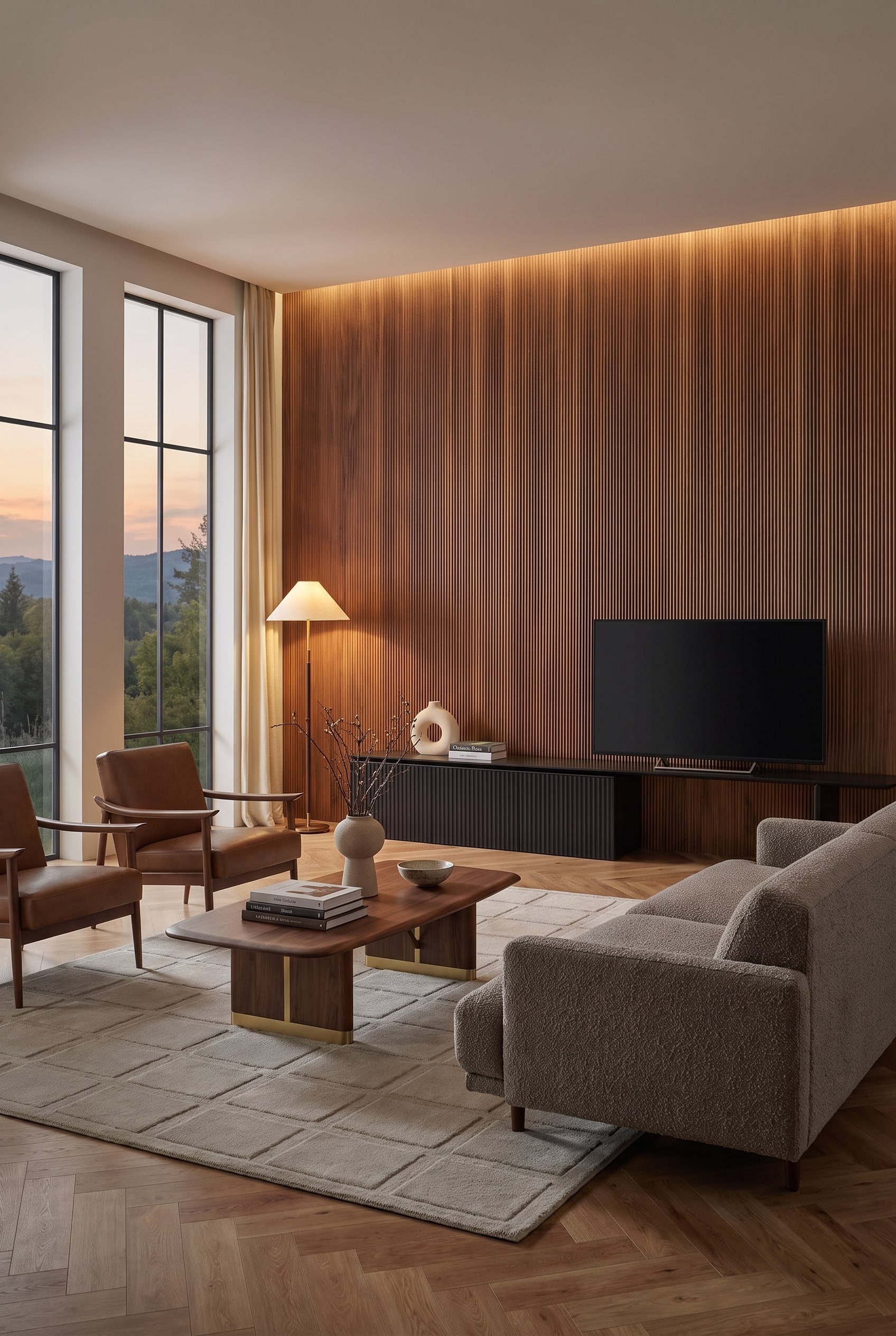 Living room with dark wooden slat wall, black Punt Velasca Lowboard, TV set, and cognac-colored Mid-Century armchairs.