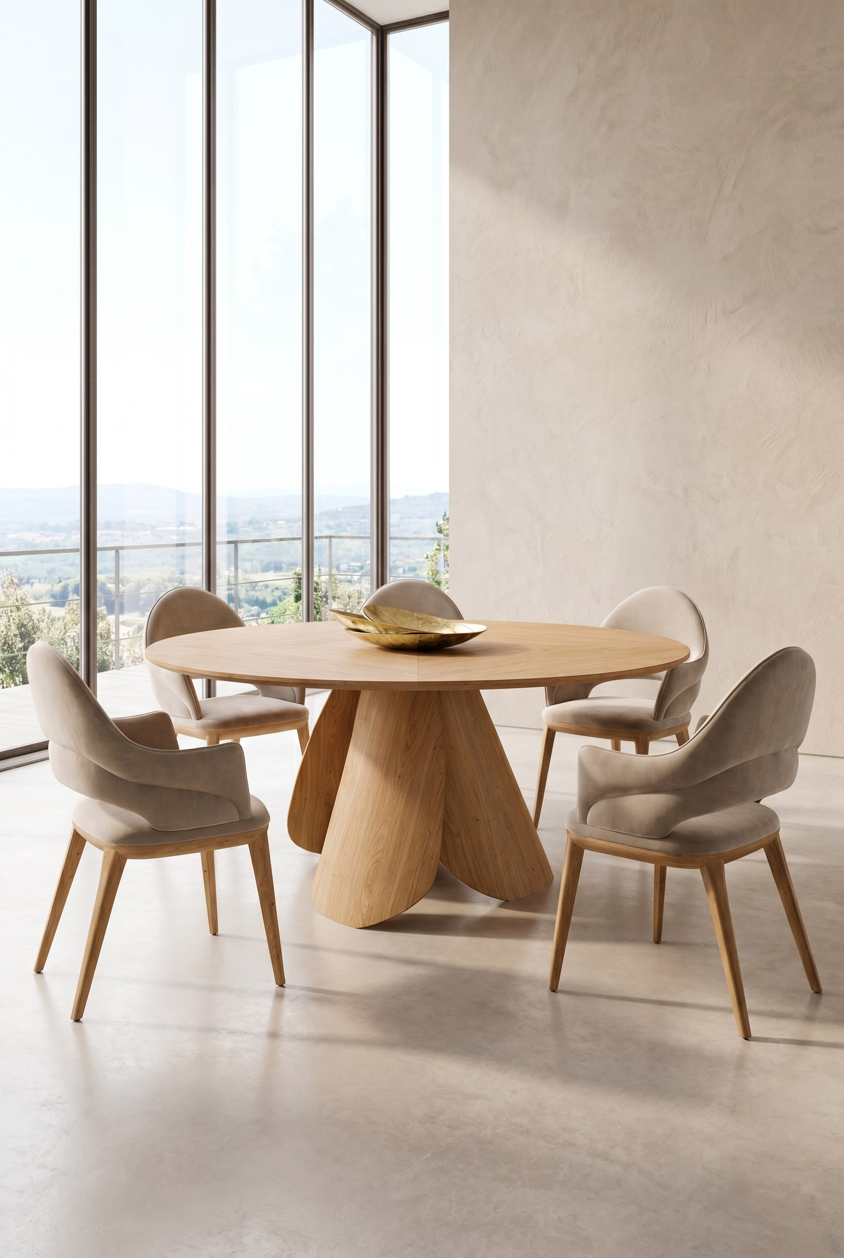 Round dining table made of light wood with a central pedestal, surrounded by curved beige upholstered chairs