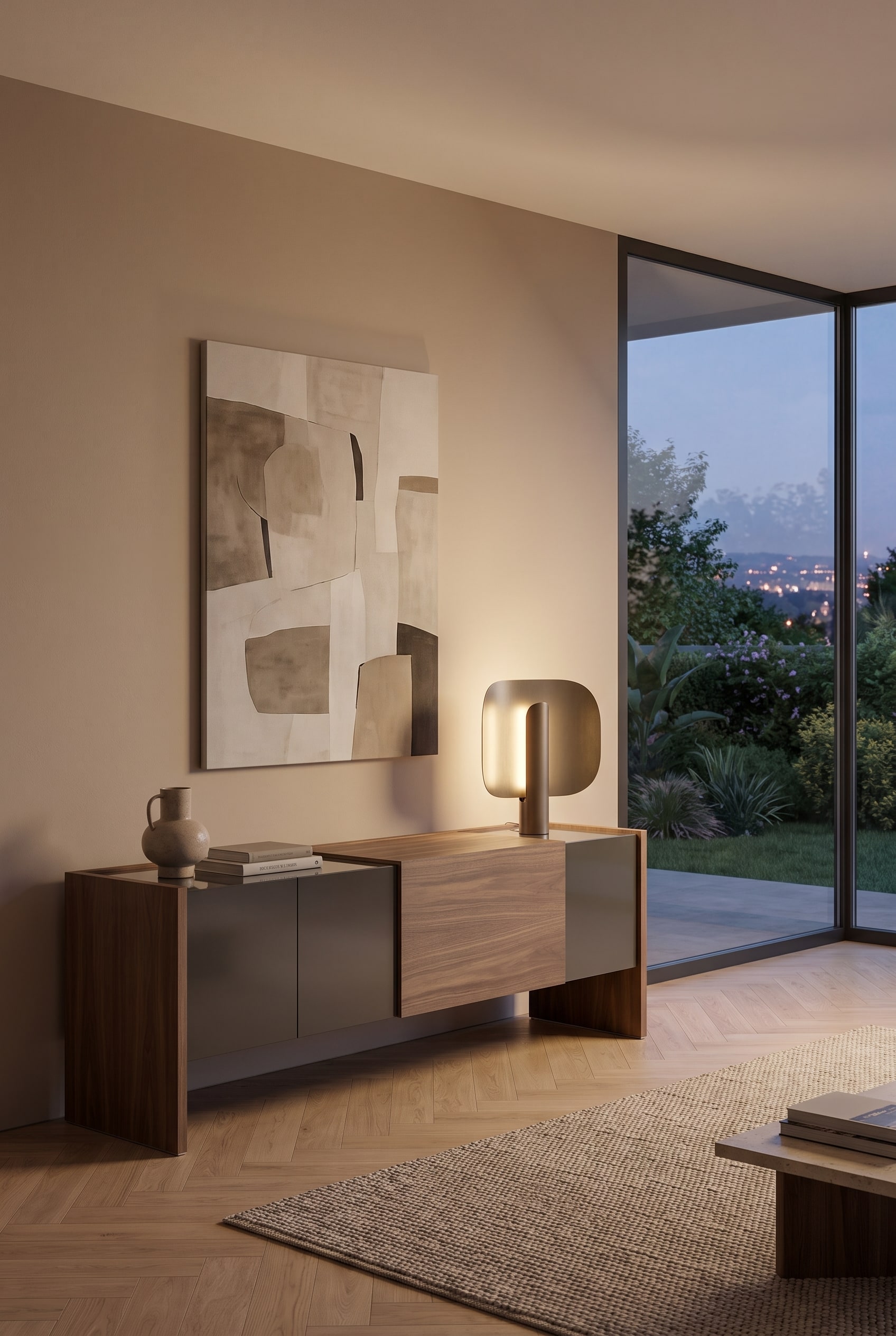 Ein elegantes Punt Toscana Lucca Sideboard aus warmem Holz mit auff&auml;lliger Lamellenfront im Mid-Century Stil