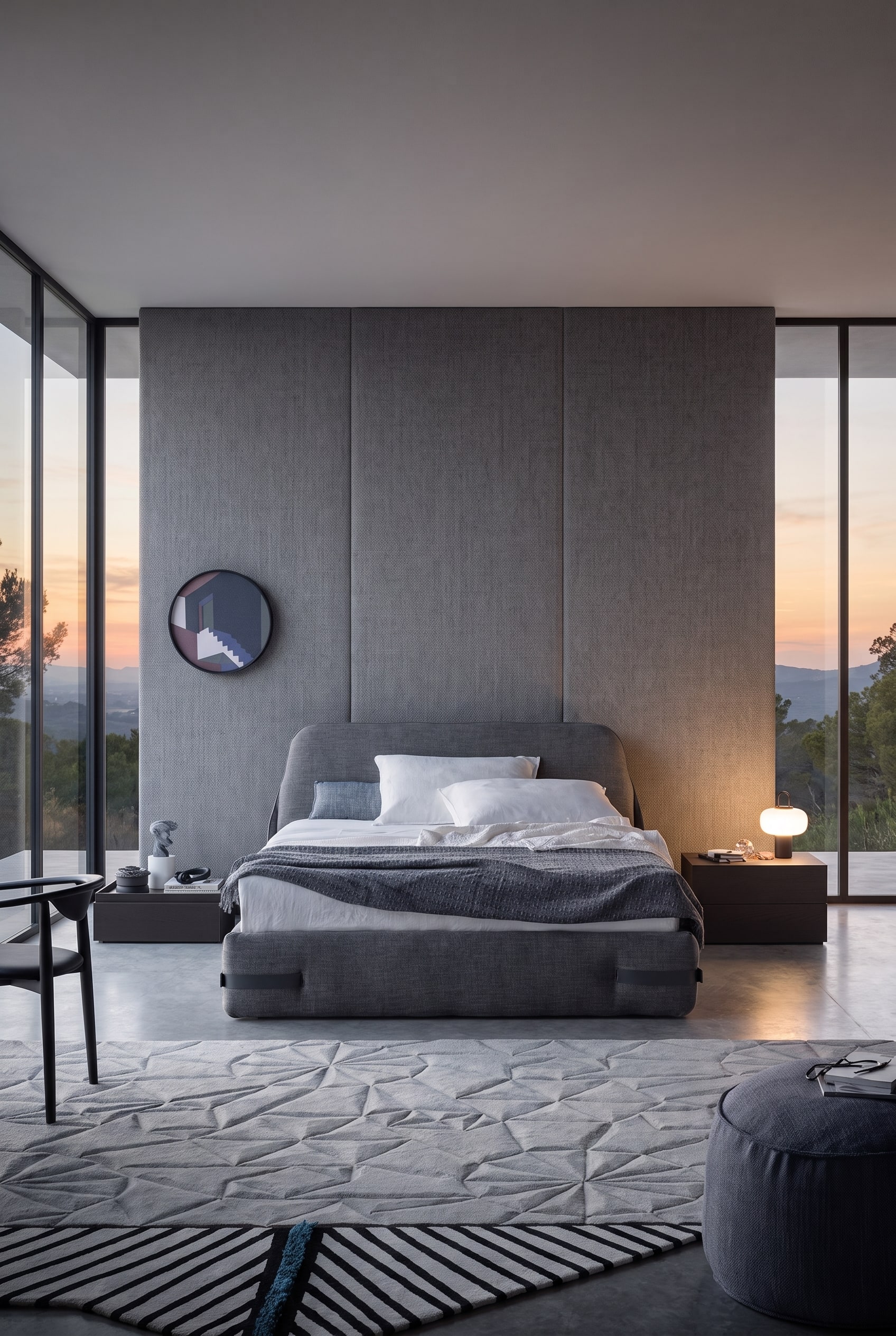 Minimalistisches Schlafzimmer mit gem&uuml;tlichem Polsterbett im identischen Grauton wie das dahinterliegende Textil Wandpaneel