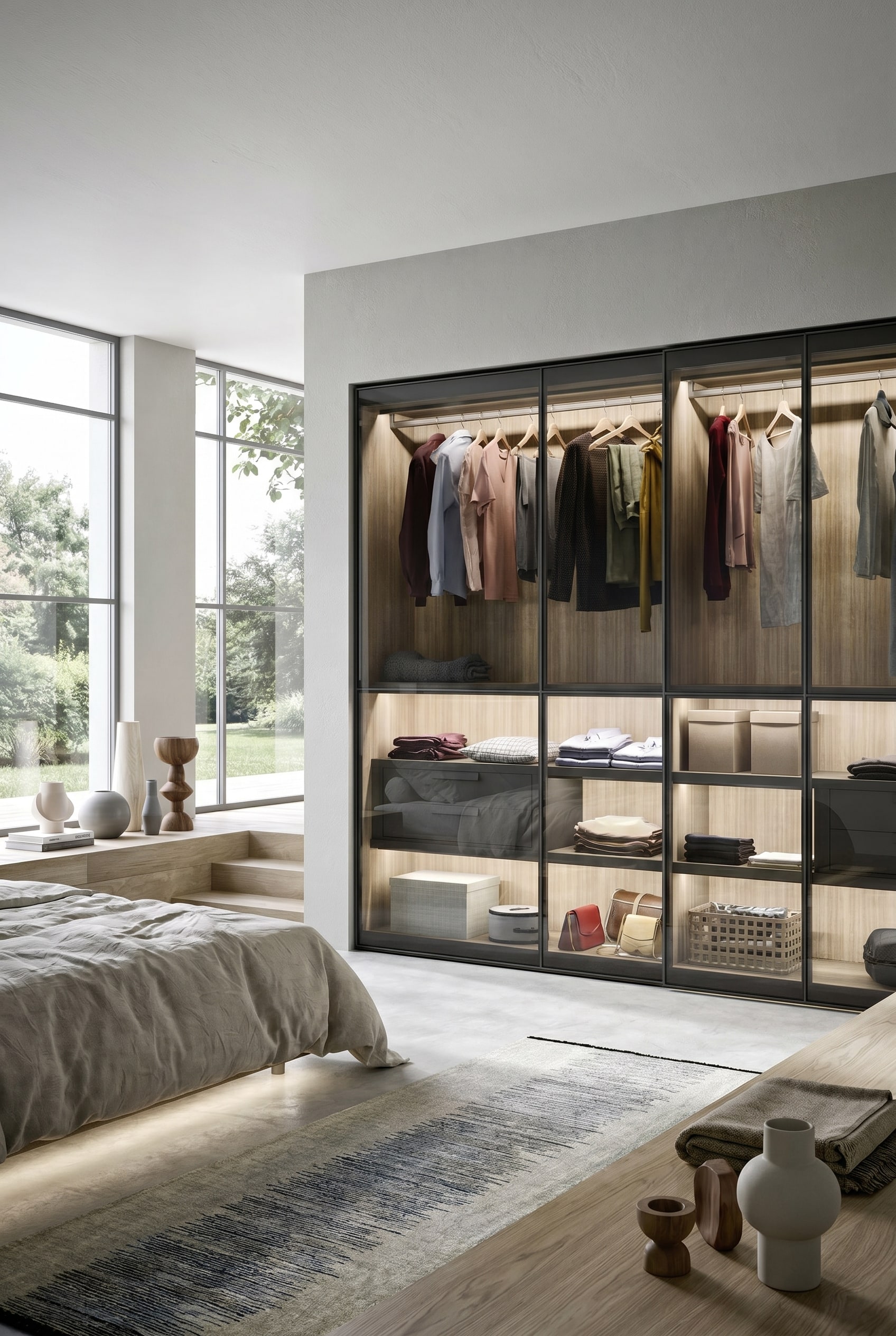 Moderner transparenter Kleiderschrank mit Rauchglas und Holzinnenraum im Feng Shui Schlafzimmer