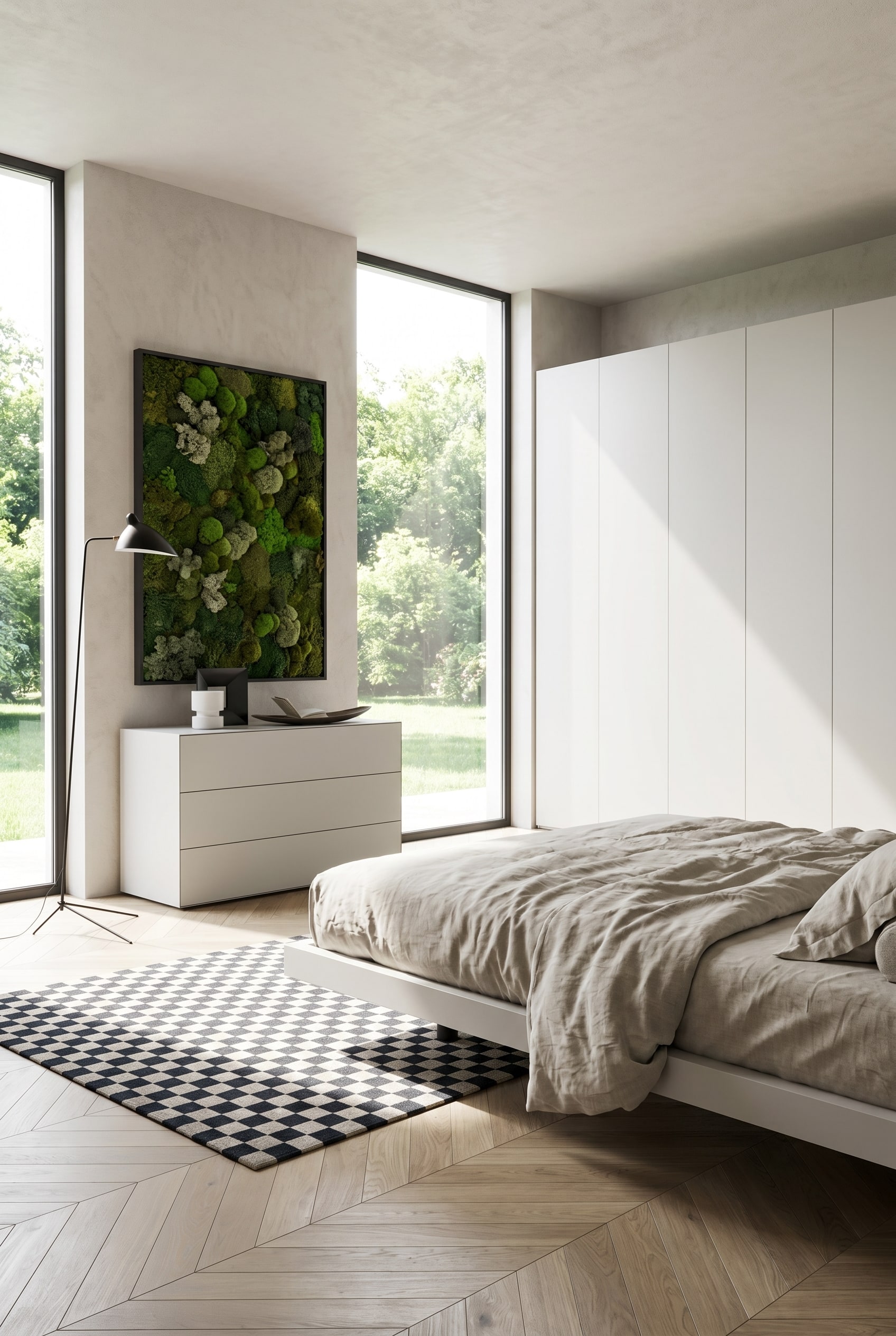 Minimalistisches Schlafzimmer mit griffloser weißer Kommode, darüber ein rechteckiges Moosbild und eine schlichte Stehlampe