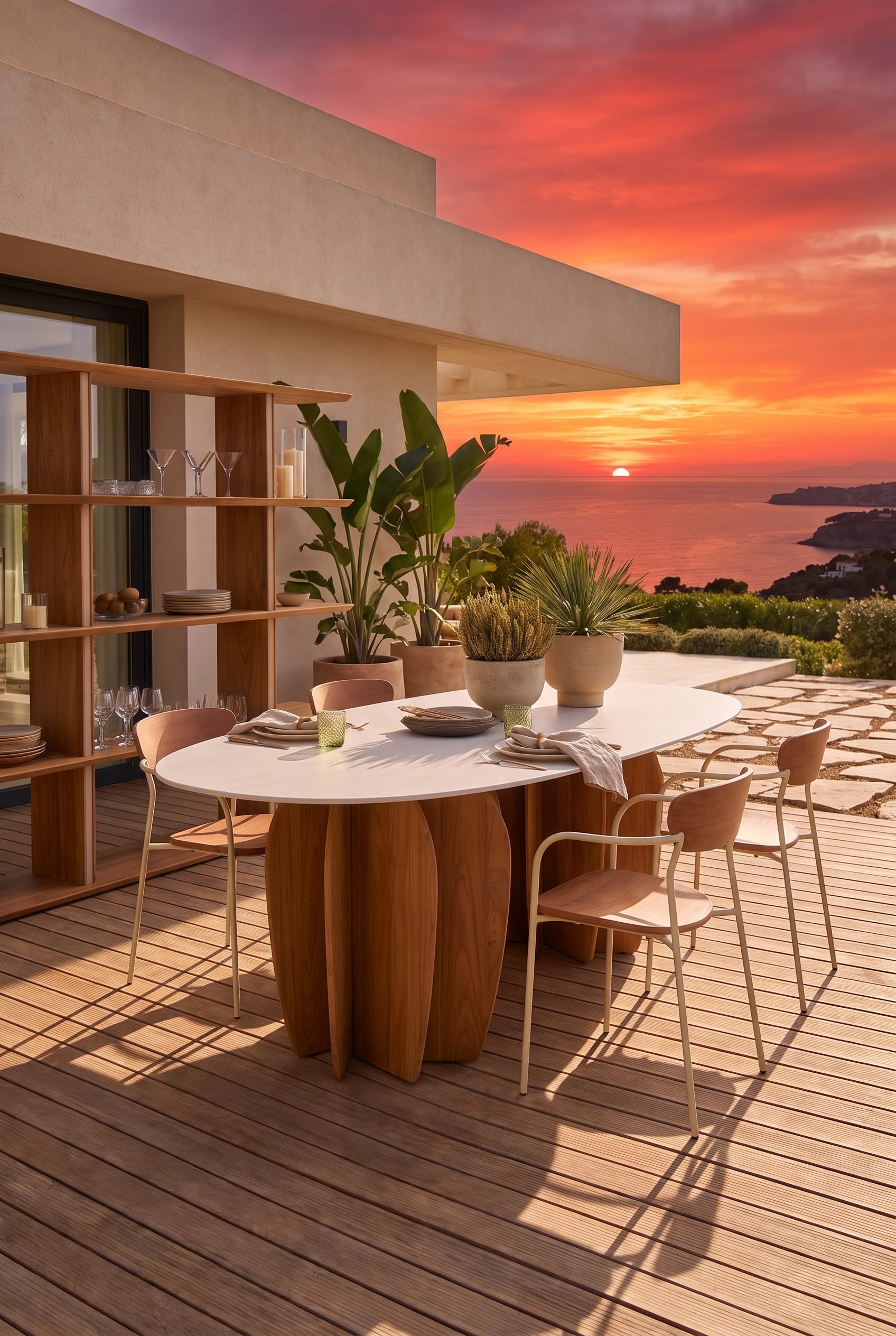Wooden deck in the early evening with an elegant oval outdoor dining table, whose distinctive teak legs are illuminated by the warm backlight
