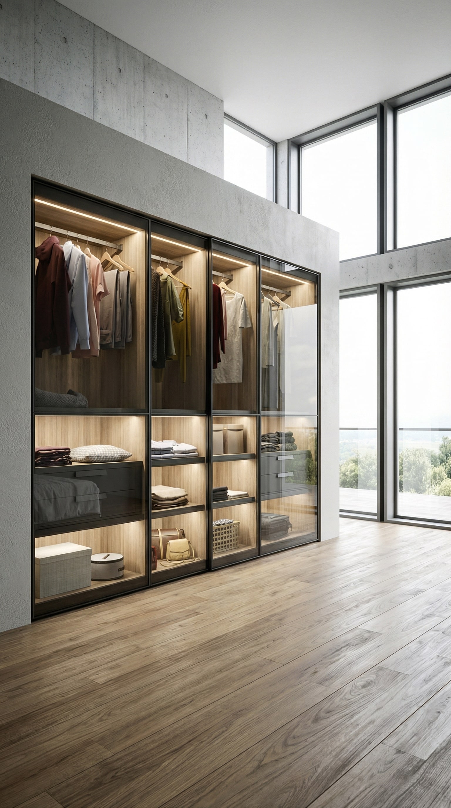 Luxuri&ouml;ses Schlafzimmer mit dem beleuchteten Novamobili Kleiderschrank Layer, dessen Rauchglast&uuml;ren eine elegante Boutique-Atmosph&auml;re schaffen.