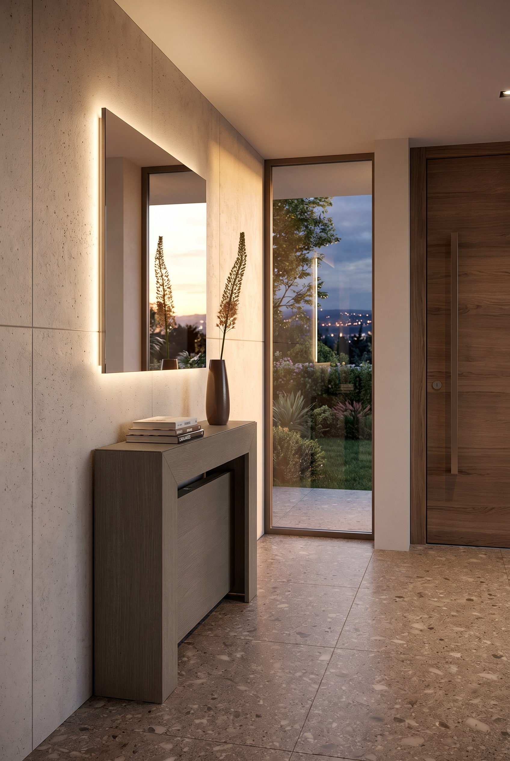 Very narrow hallway with an extremely flat console and a large wall mirror
