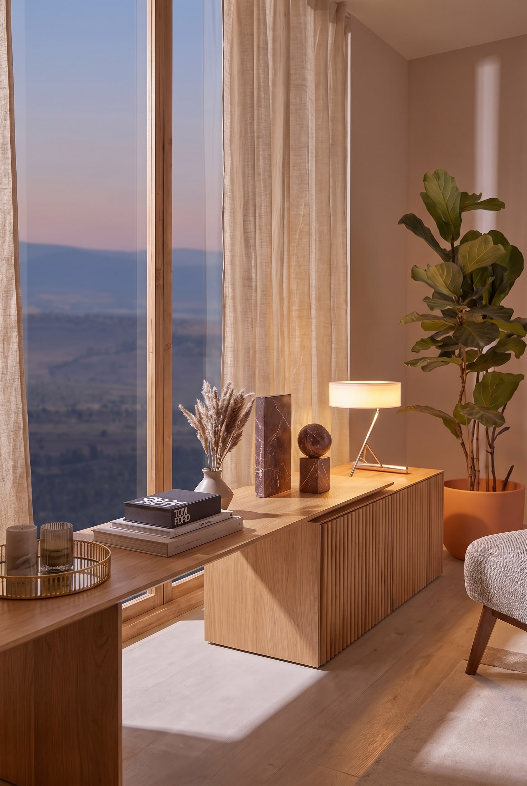 Detailed view of the Punt Velasca Sideboard with stacked books, marble objects, and a modern table lamp in front of a window.
