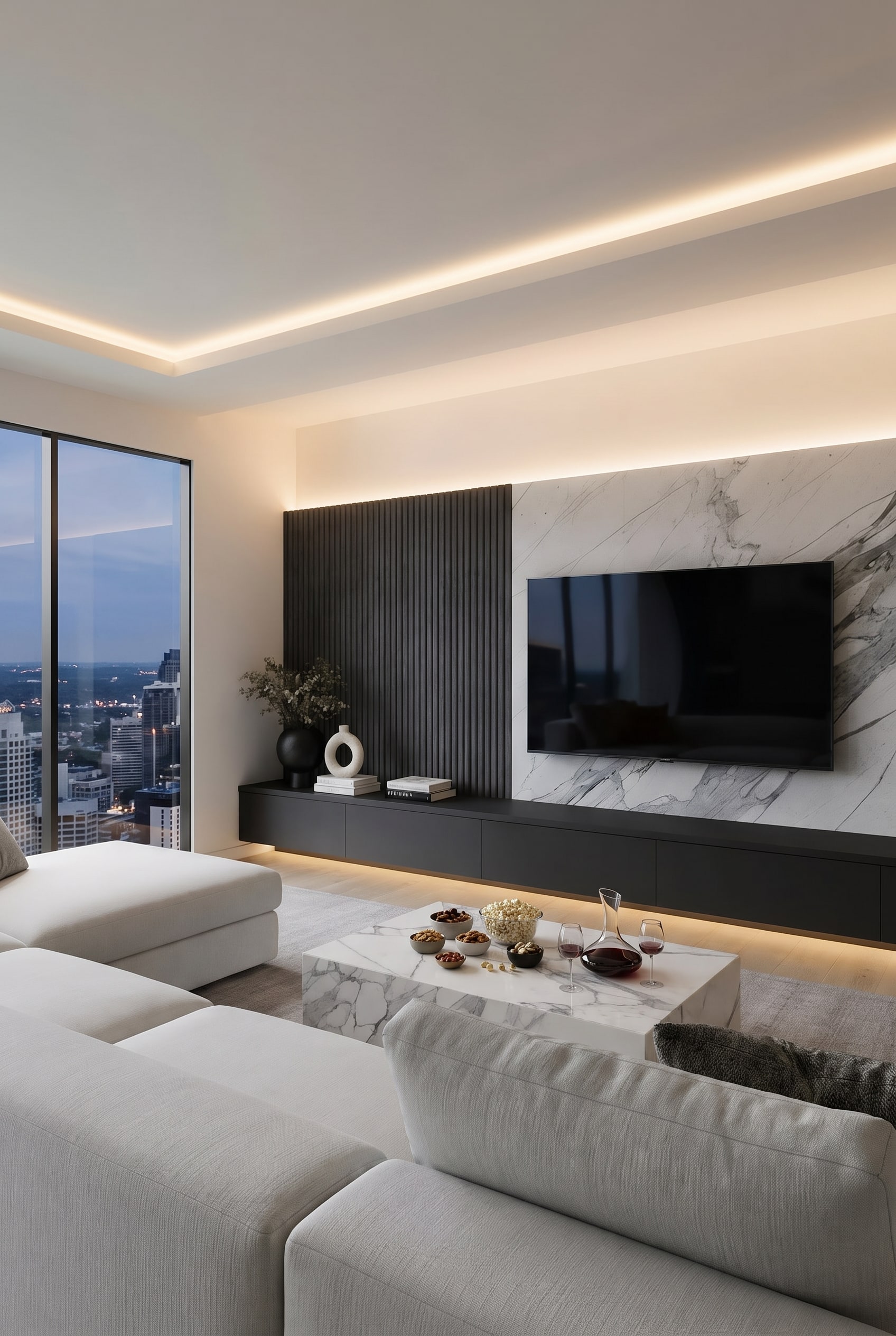 Luxuri&ouml;ses Wohnzimmer mit ma&szlig;gefertigter Medienwand aus dunkelgrauen Lamellen, Marmor-R&uuml;ckwand und gro&szlig;er wei&szlig;er Couch