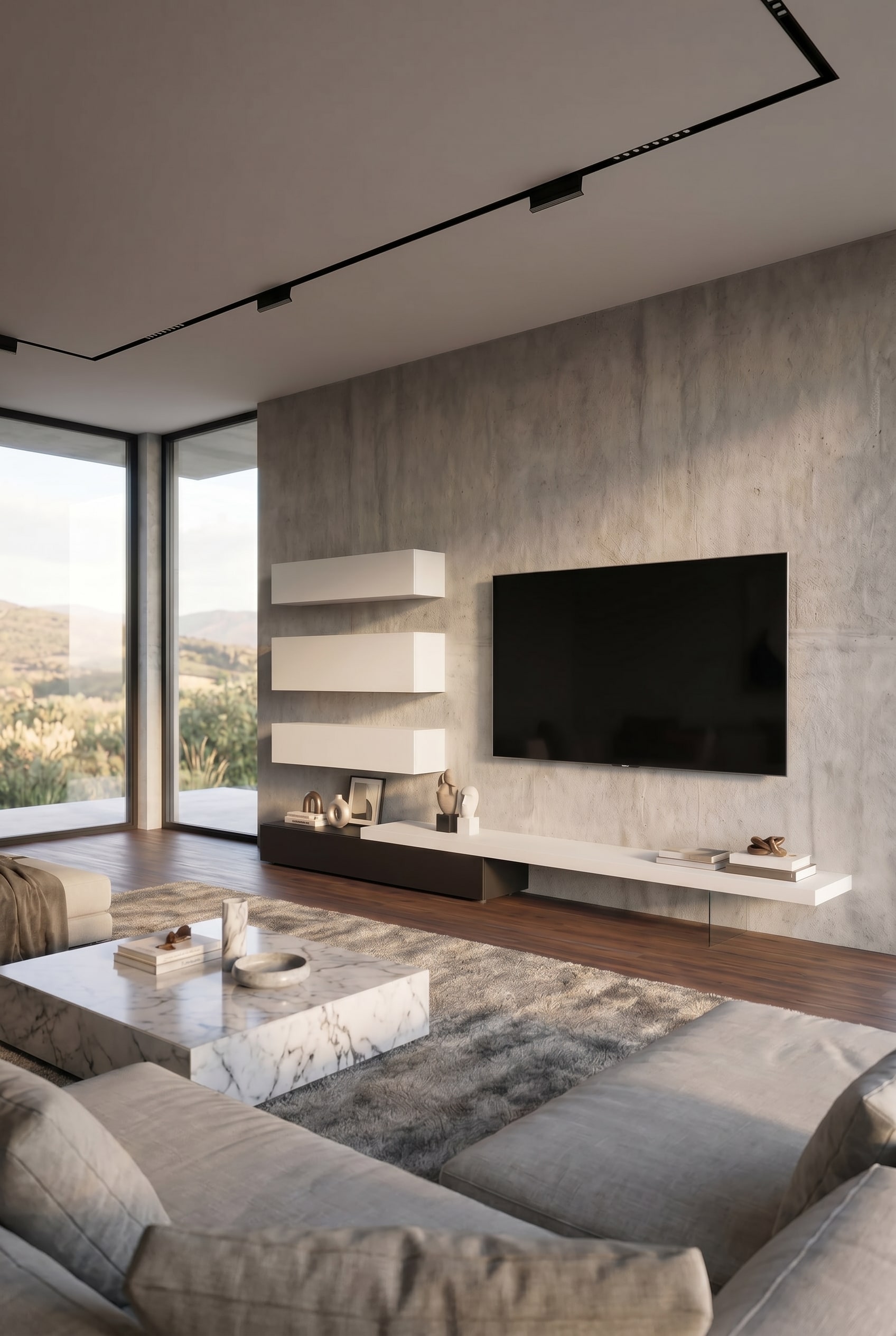 Wohnzimmer in Betonoptik mit drei weißen, schwebenden geschlossenen Hängeschränken und einem schwarzen, bodennahen Lowboard auf einem Glasfuß