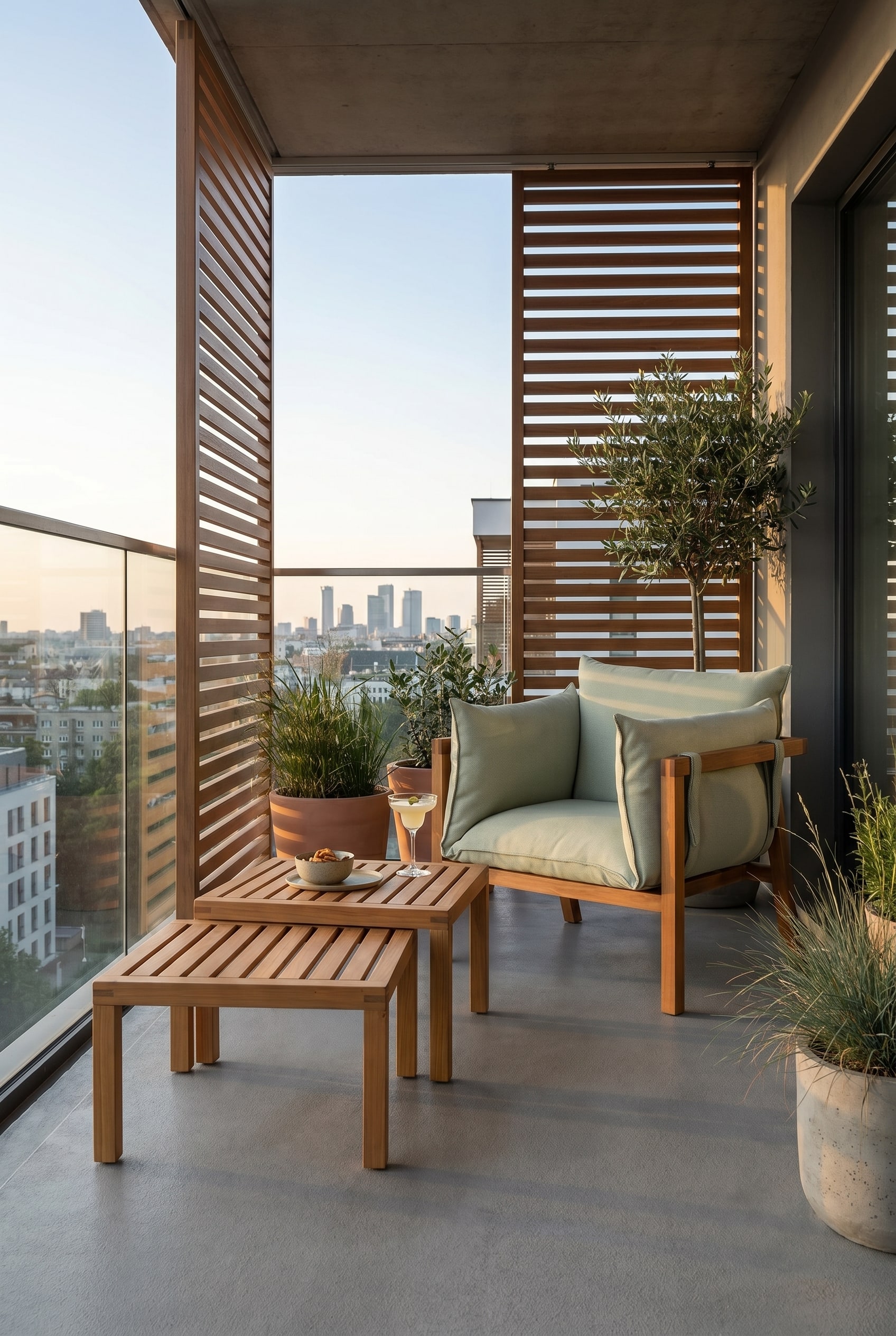 Urbanes Balkon-Setup mit zwei unterschiedlich hohen, quadratischen Beistelltischen aus Holzlamellen vor einer modernen grauen Wand