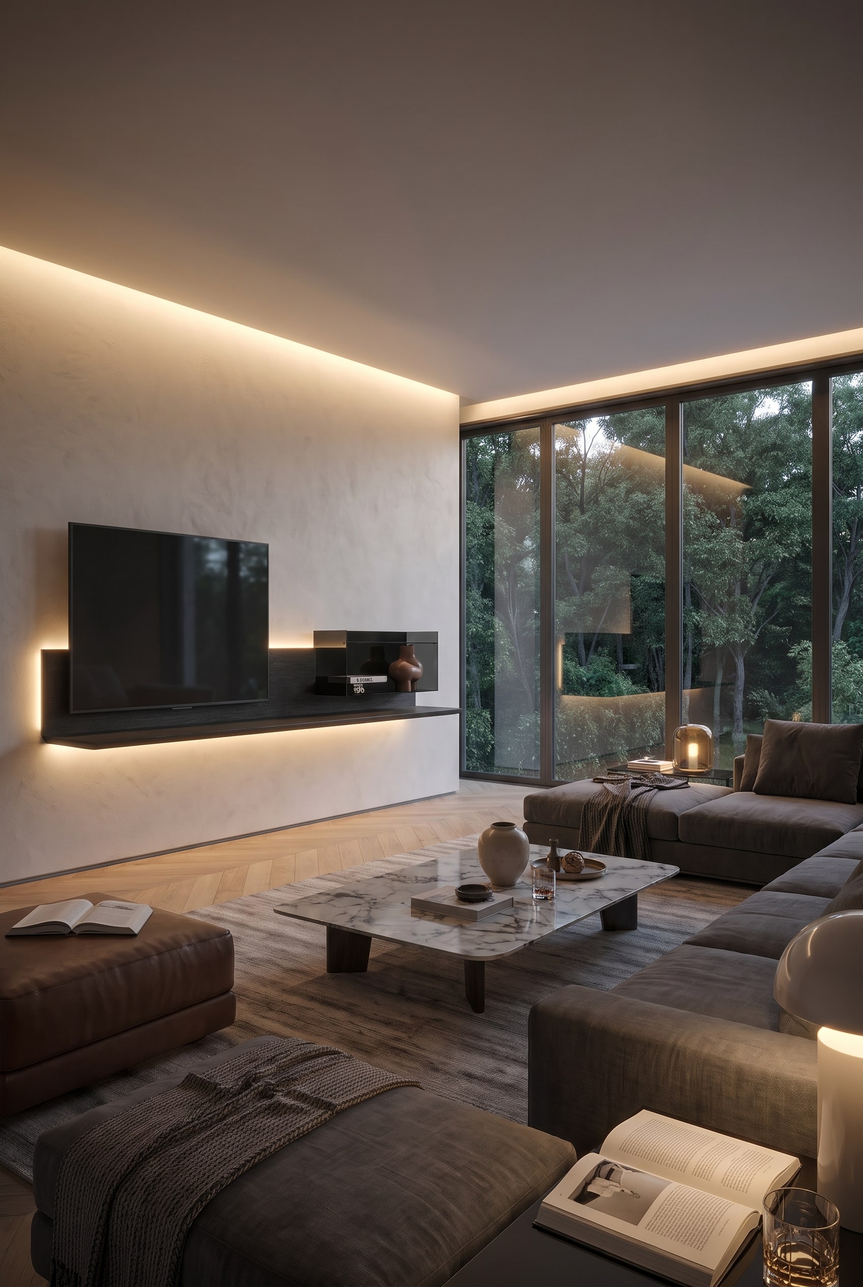 Modern living room with a matte black floating lowboard, large-format art book, and light oak parquet