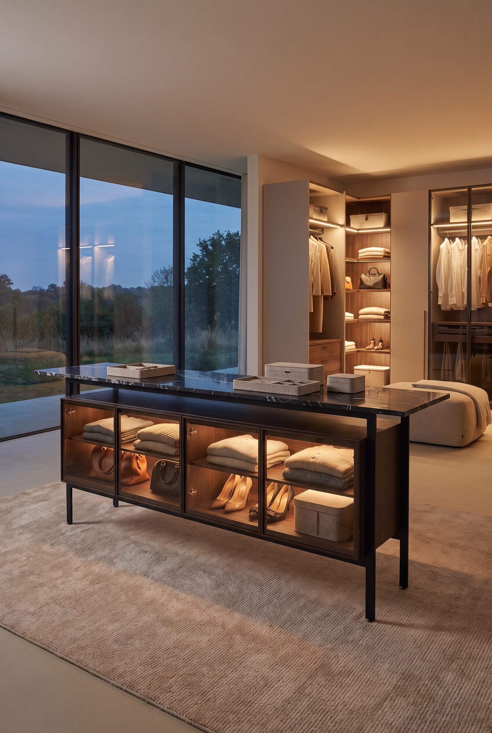 A matte black sideboard serves as a room divider in a spacious dressing room. Through the satinized glass cover on the top, illuminated watches are visible in the uppermost compartment.