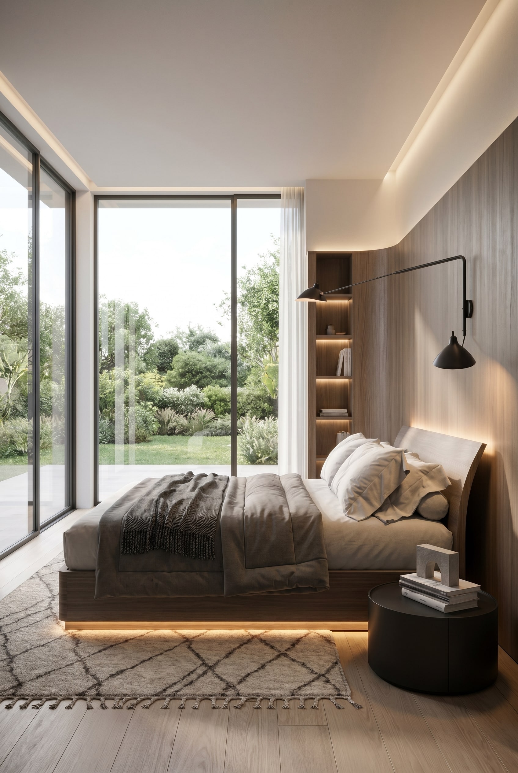 Gem&uuml;tliches Schlafzimmer mit dem Bend Holzbett mit gebogenem Kopfteil und weichem Gradienten-Licht