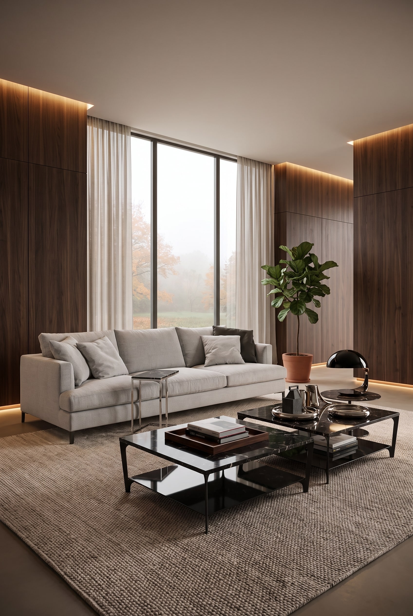 Generous, low-slung sofa in beige linen fabric in a spacious, warmly lit living room