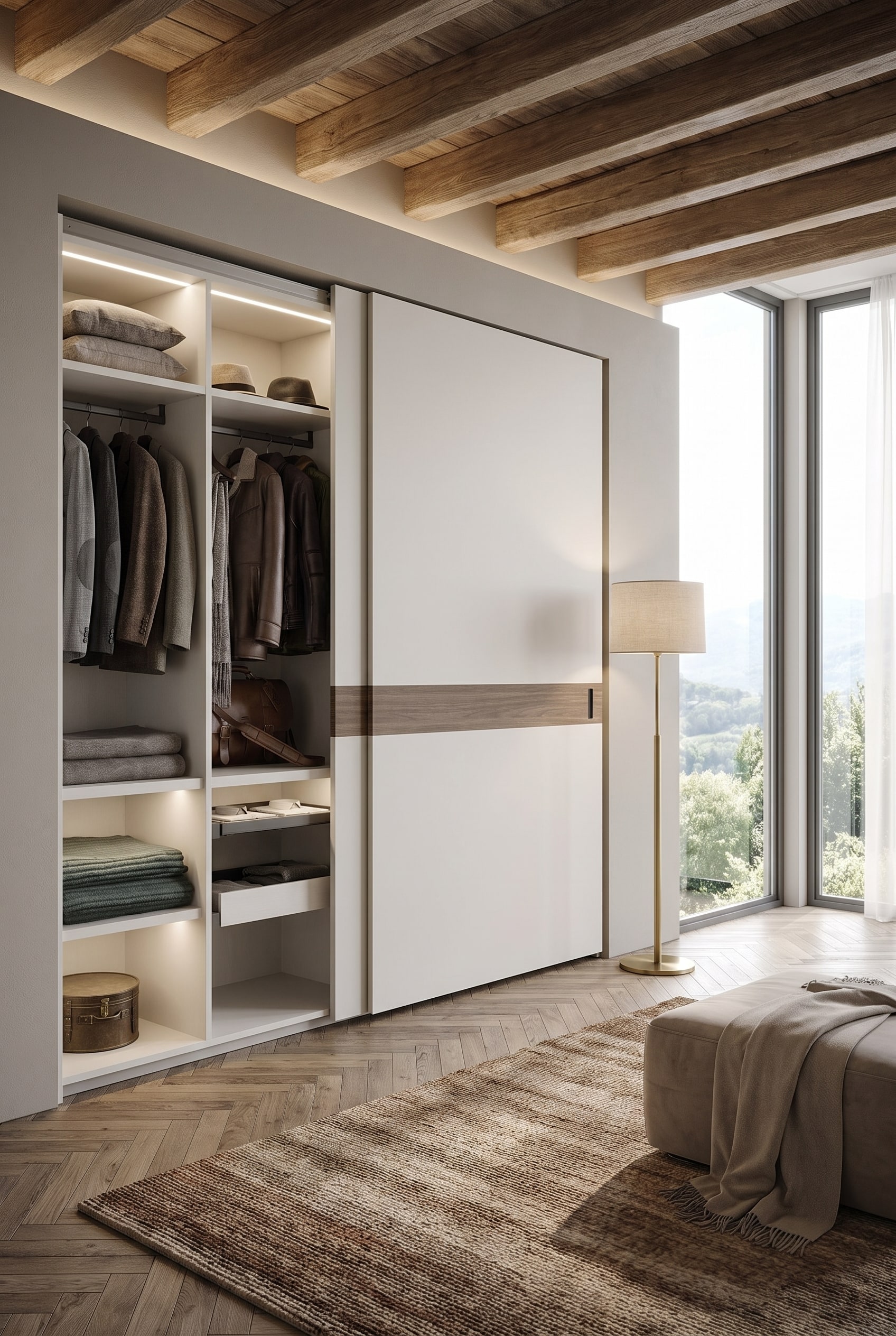 Schlankes Ankleidezimmer mit einem deckenhohen Kleiderschrank mit grifflosen Schiebetüren in mattem Weiß und einem dezent strukturierten Holzboden