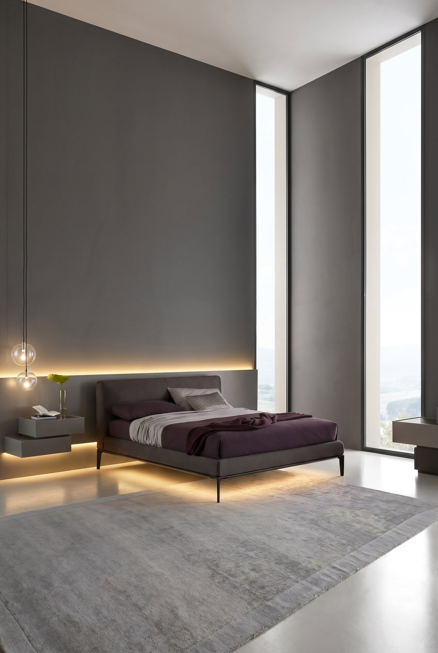 Modernes dunkelgraues Schlafzimmer mit dem Dorian Bett und schwebenden Nachttischen, unterstrichen von einem durchgehenden Lichtband