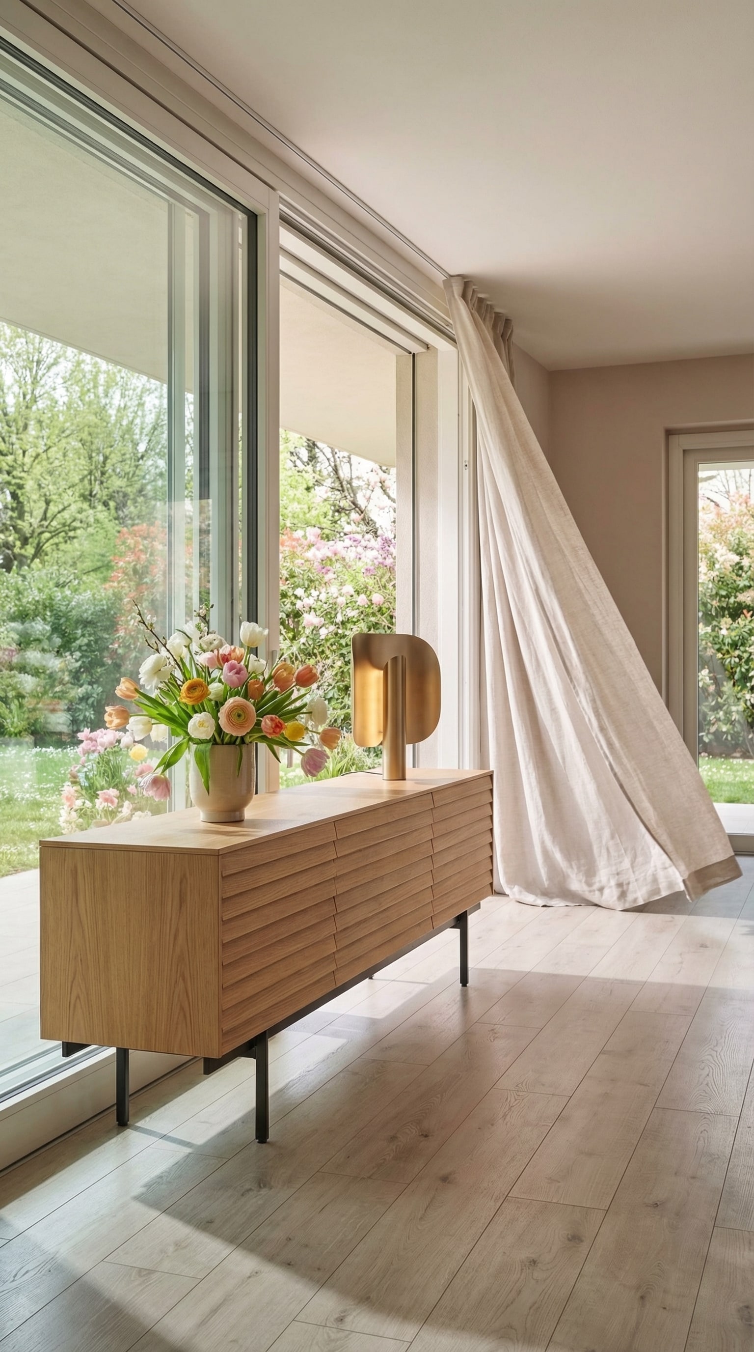 Elegantes Wohnzimmer mit einem Sideboard mit Holzlamellen, das im hellen Sonnenlicht erstrahlt.