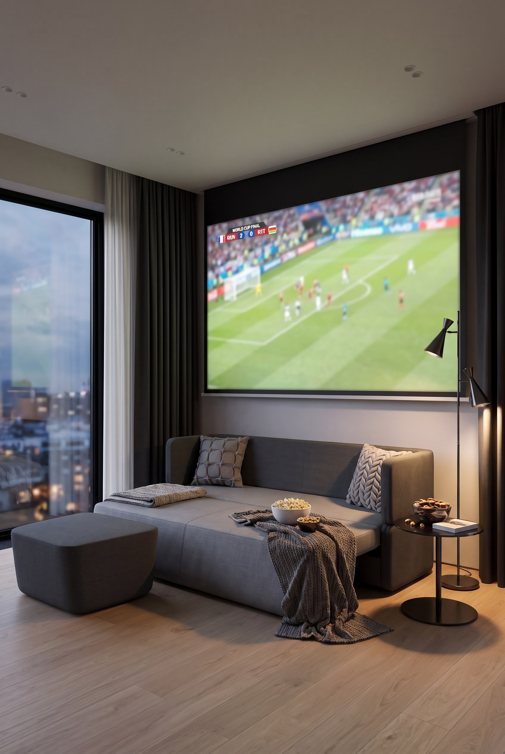 Ausgeklapptes Prostoria Schlafsofa Revolve in einem stilvollen und modern eingerichteten Heimkino-Wohnzimmer