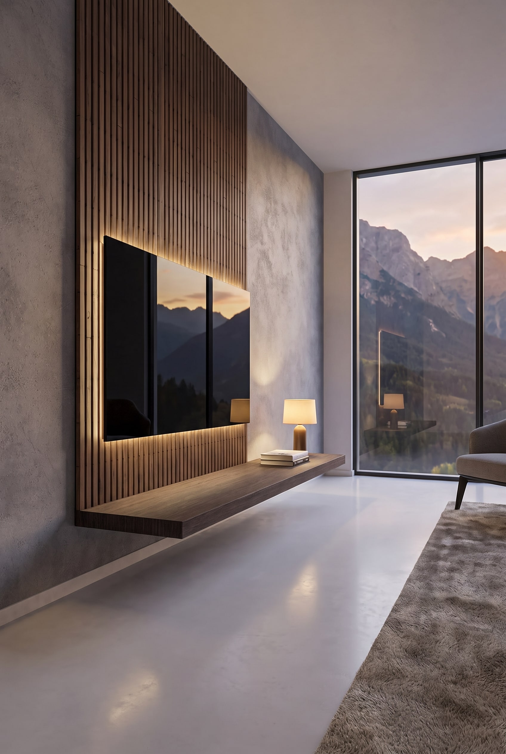 Helles Wohnzimmer mit einem schwebenden, matten TV-Wandboard ohne Griffe, viel Bodenfreiheit und dezentem Styling Helles Wohnzimmer mit einem schwebenden, matten TV-Wandboard ohne Griffe, viel Bodenfreiheit und dezentem Styling