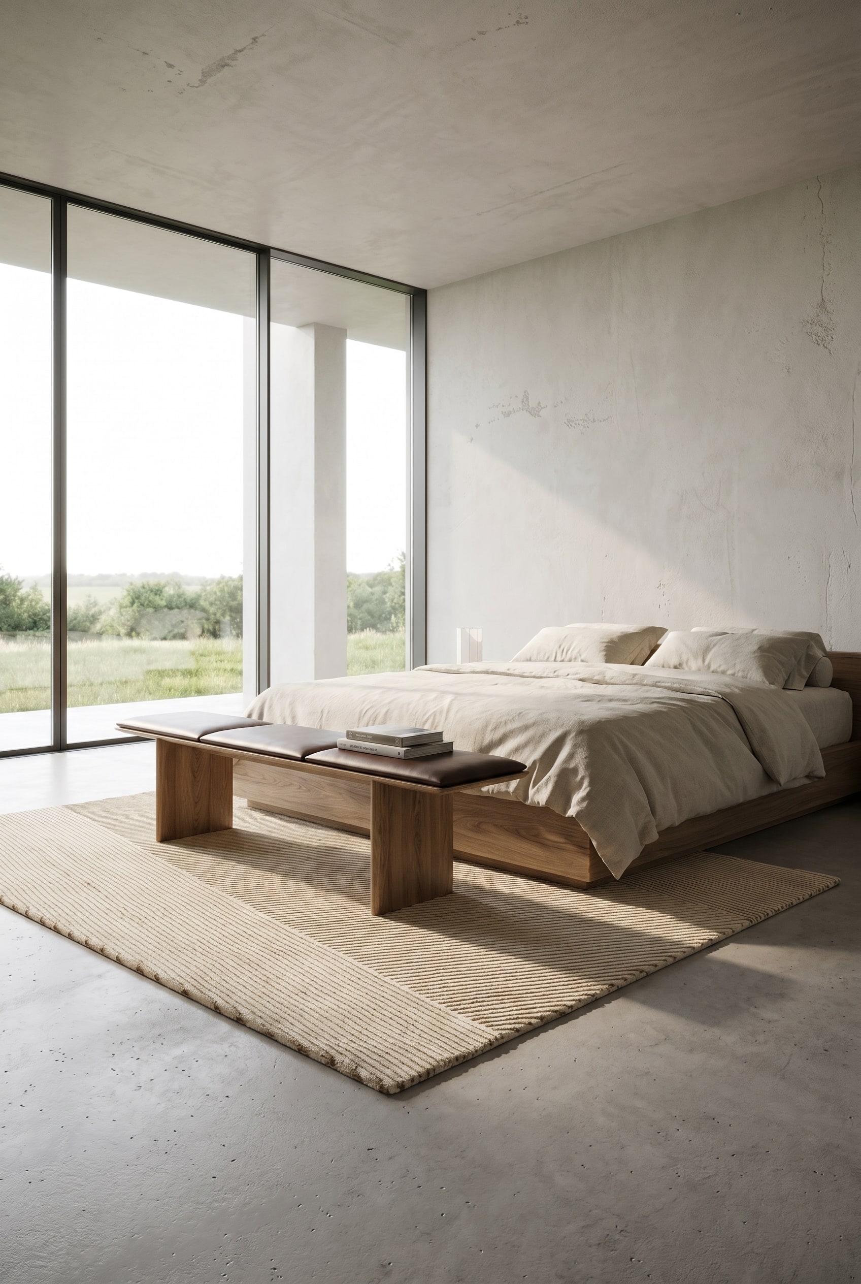 Architektonische Holz-Leder-Sitzbank vor einem großen Bett in einem luxuriösen, modernen Schlafzimmer Architektonische Holz-Leder-Sitzbank vor einem großen Bett in einem luxuriösen, modernen Schlafzimmer