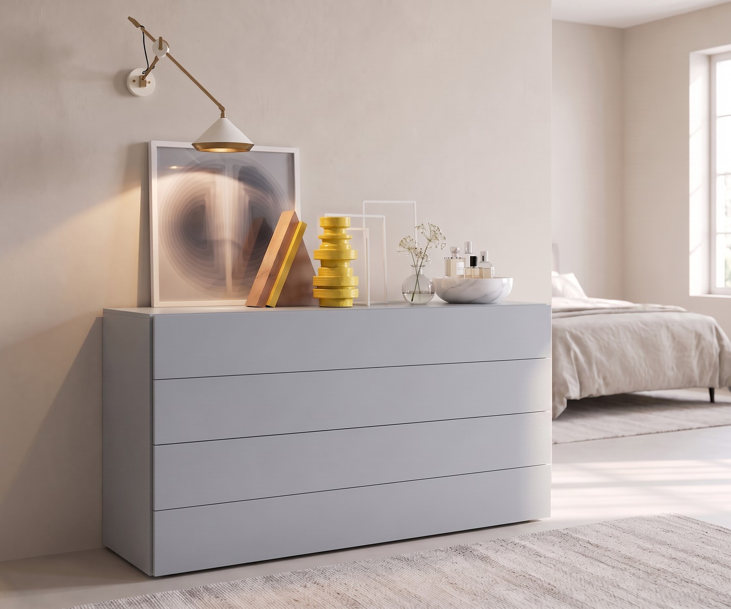 Novamobili Kommode Easy mit 4 Schubladen Novamobili Kommode Easy 4 für Stauraum im Schlafzimmer, griffloses Design in Hellgrau für minimalistischen Wohnstil.