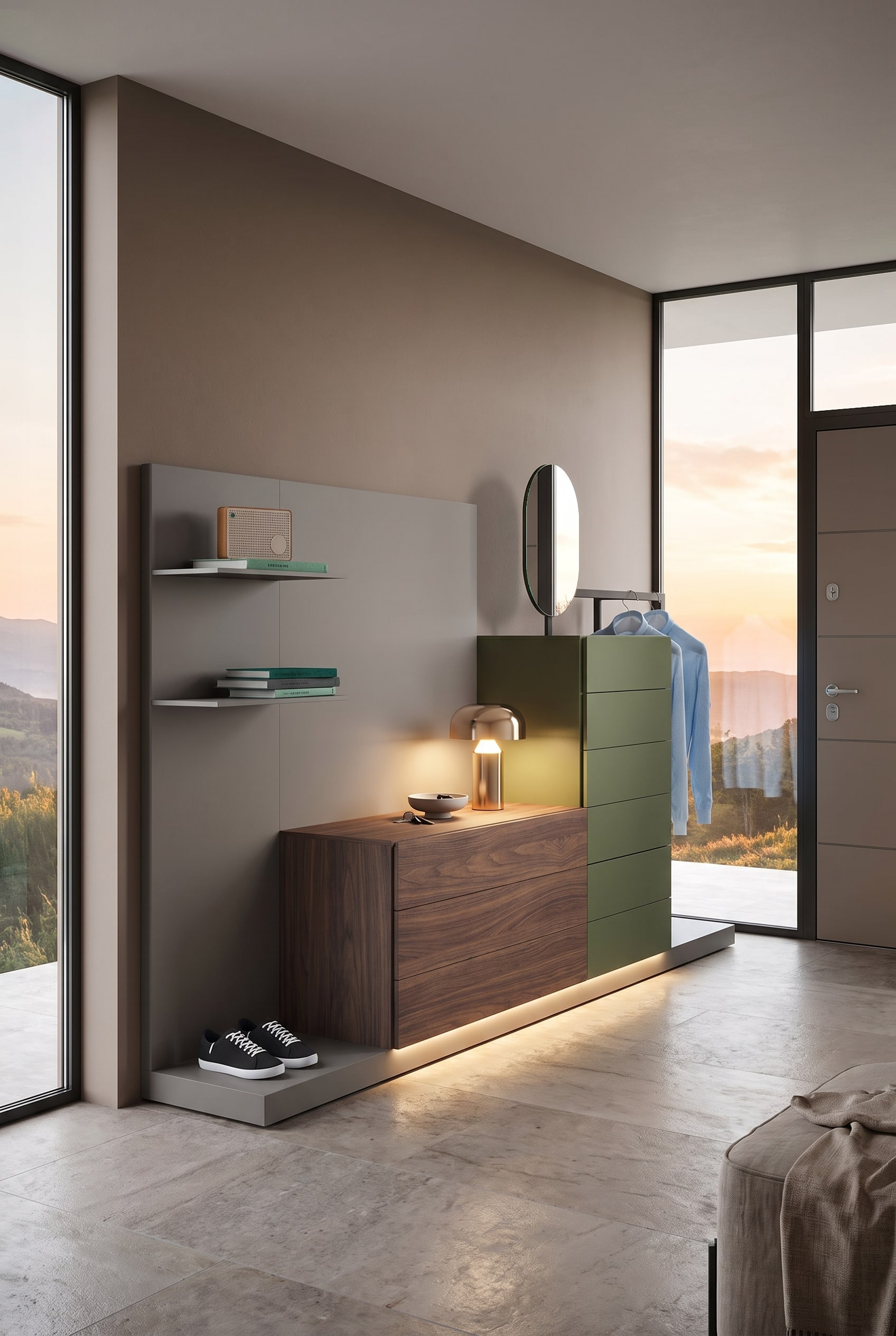 Ein elegant eingerichteter Flur mit schwebender Kommode, einem Garderoben-Wandpaneel aus Holz und Wänden in der Trendfarbe Macchiato Ein elegant eingerichteter Flur mit schwebender Kommode, einem Garderoben-Wandpaneel aus Holz und Wänden in der Trendfarbe Macchiato